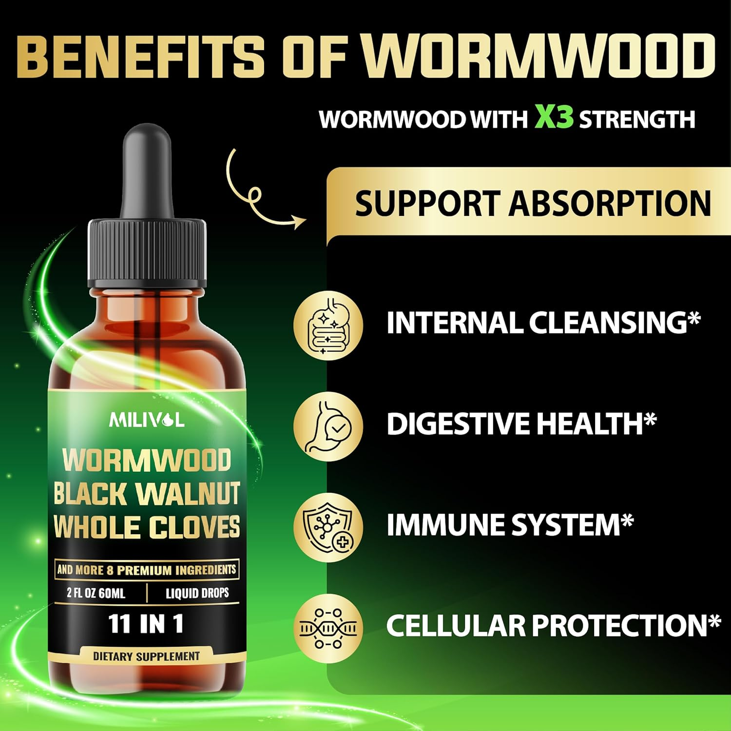MILIVOL Wormwood Liquid Drops - Wormwood Extract Tincture with Black Walnut, Whole Cloves & 8 More Herbs - 2 Fl Oz for 60 Days Supply image number 2