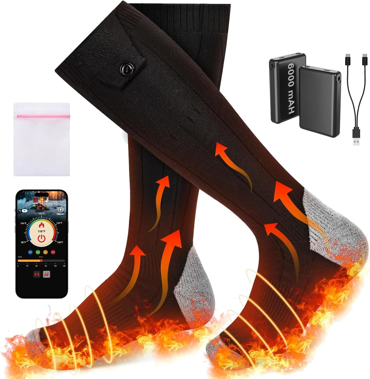 Heated Sock for Men Women, Rechargeable 6000Mah*2 Battery Electric Socks with APP Control, Laundry Bag,Washable Thermal Socks for Winter Outdoor Skiing Fishing Camping Hiking Hunting Cycling image number 4