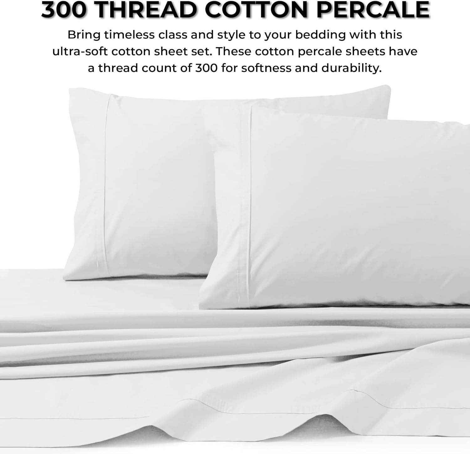 Tribeca Living California King/300 Thread Count Egyptian Cotton Percale Deep Pocket Sheet Set, White image number 4