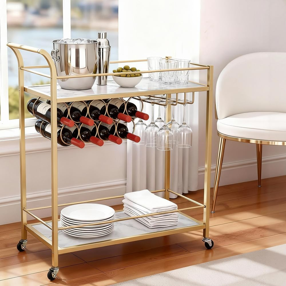 Artiss Bar Cart Drinks Trolley with Marble Effect Shelves, 2-Tier 85Cm Home Serving Cart with Wine Rack Glass Holders - 2 Lockable Wheels Perfect for Kitchen, Living Room, Outdoor, Curved Handle, Gold