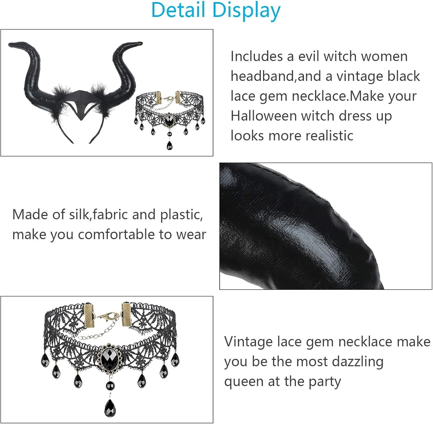 LAMEK 2 X Queen Horns Headpiece Women'S Halloween Headband with Gothic Retro Lace Necklace Devil Horns Costume Evil Headband Black Hairband for Carnival Masquerade Cosplay - B-Black Horns image number 5