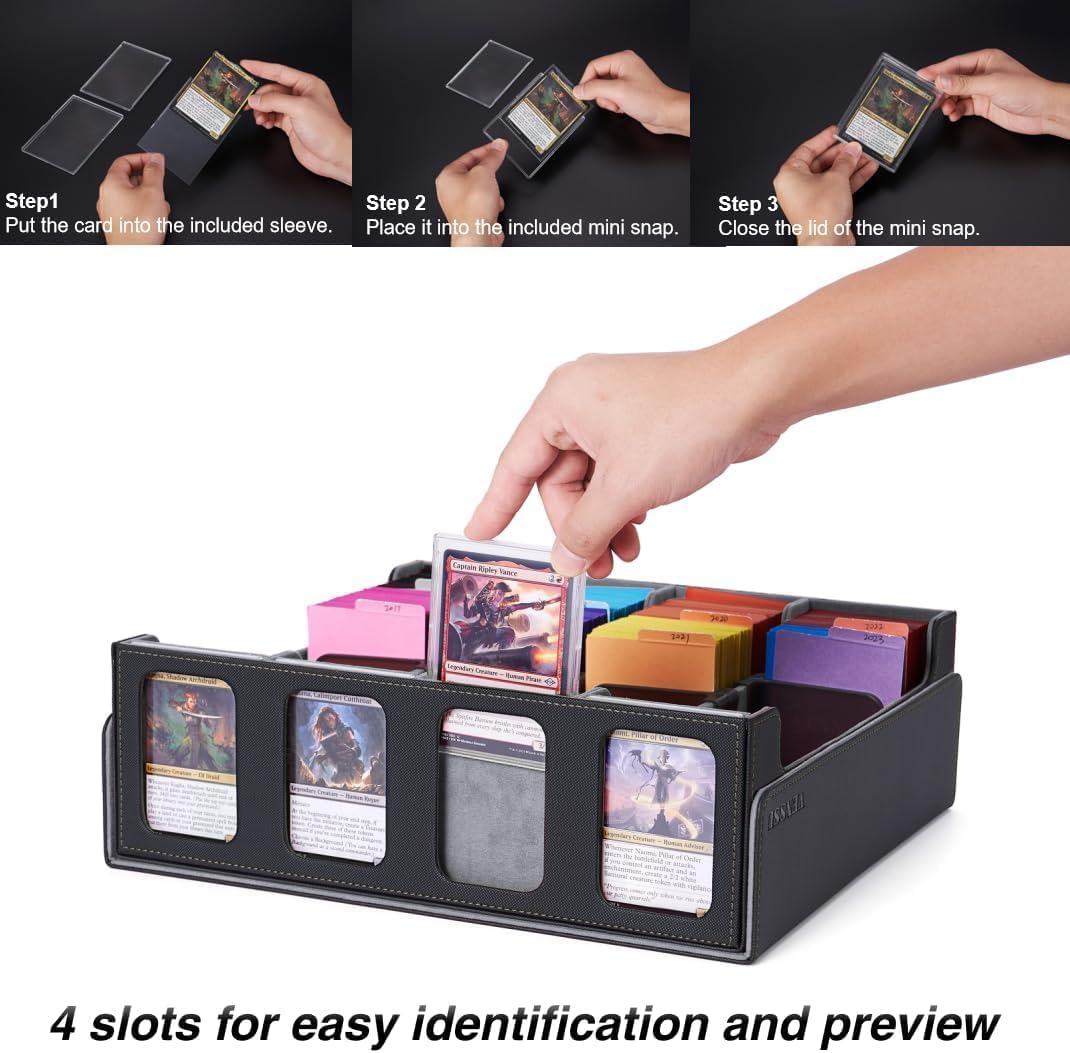 Cyperever Card Deck Box Trading Card Storage Box, Playing Card Case with 4 Display Windows, Magnetic Storage Boxes with 3000+ Trading Cards Storage, 48 Colorful Dividers, 4 Supporters & Strap Black image number 5