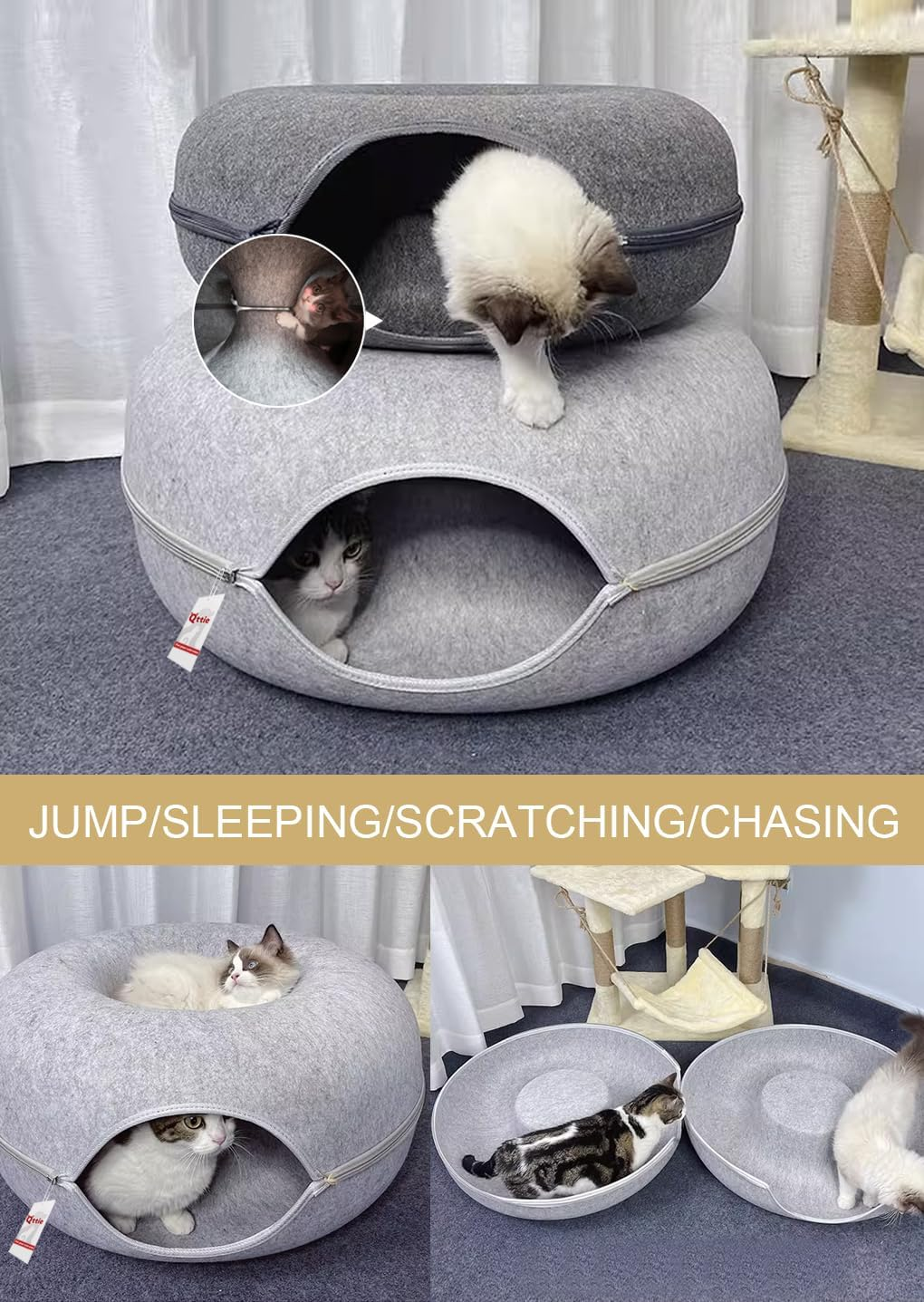 Cat Tunnel Bed for Indoor Cats - House Donut for Pet Cave, Detachable round Felt & Washable Interior Play Tunnel (60X60X27Cm, Light Grey) image number 6