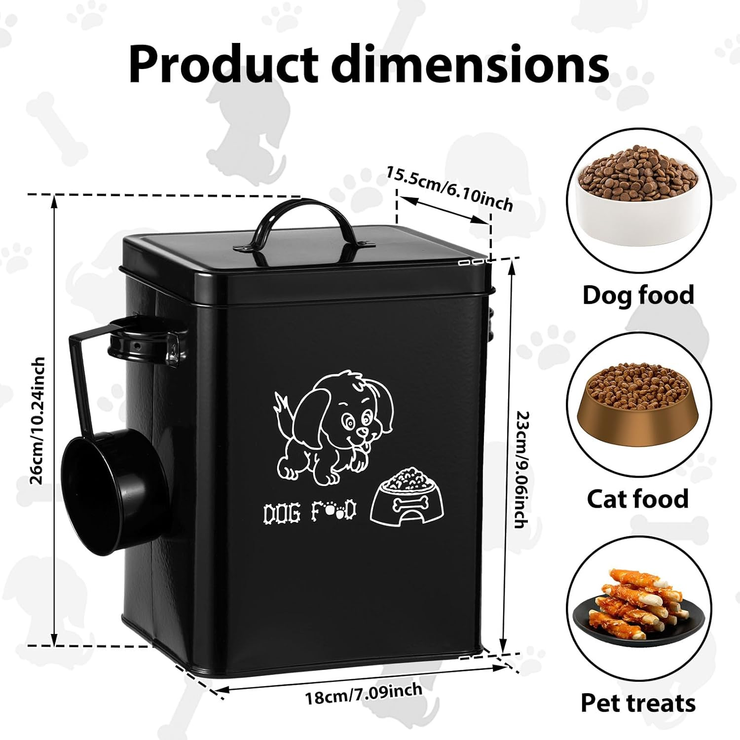 Fwqofvk Dog Food Storage Container, Metal Cat Food Storage Container, Good Sealing Square Dog Can with Lid and Spoon, Pet Chow Storage Canister Tin for Home 18&times;15.5&times;23Cm Black image number 6