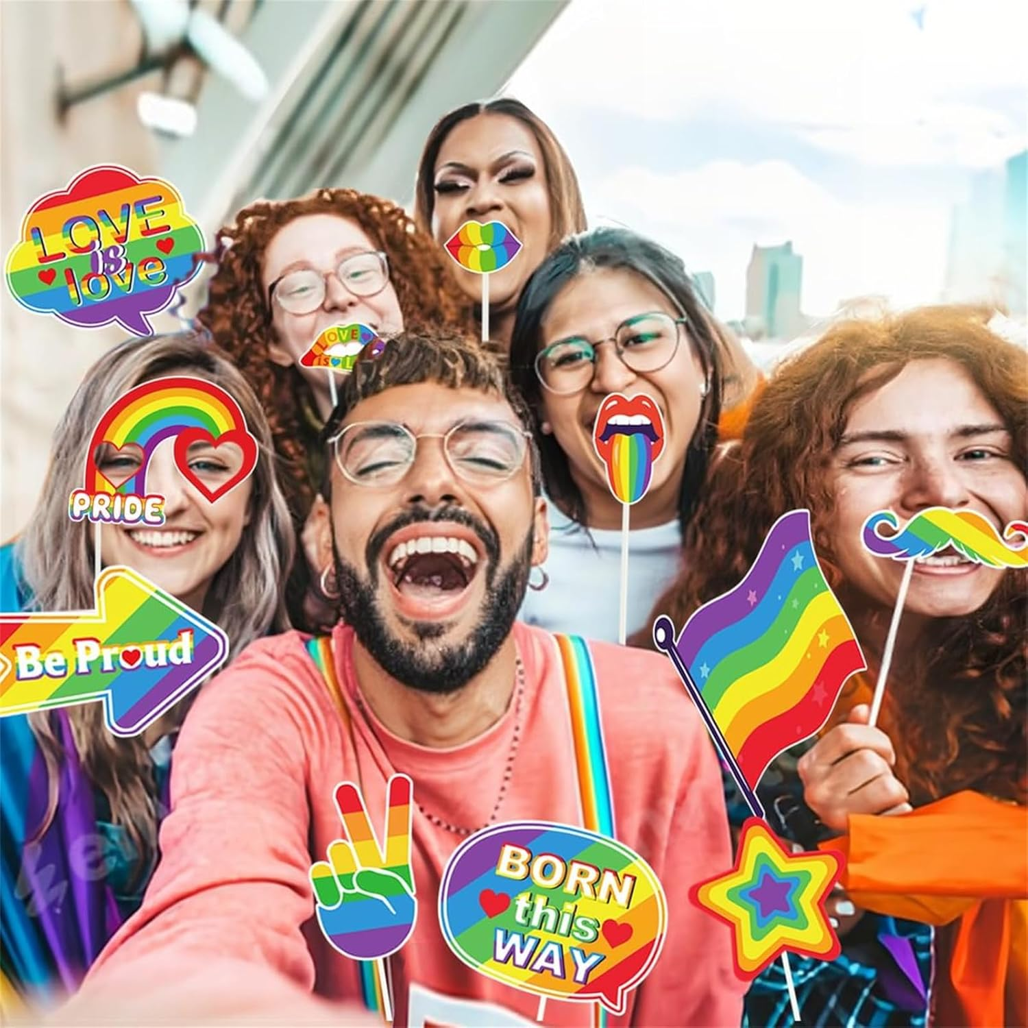 30 Pcs Pride Month Rainbow Photo Booth Props, LGBTQ Love Is Love Paper Selfie Props for Pride Month Party Decoration, Gay Lesbian Party Favors image number 2
