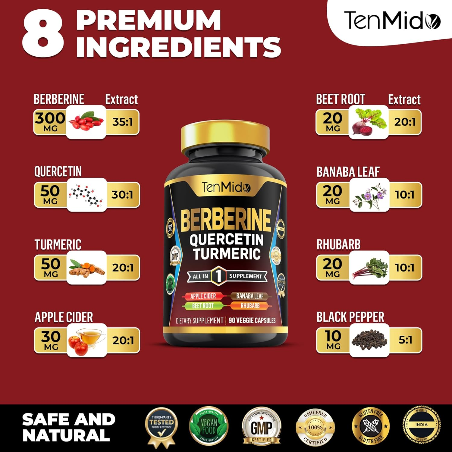 Berberine Supplement for Men and Women, 8In1 Formula with Quercetin, Turmeric, Apple Cider Vinegar, Beet Root & More - Digestive, Immune Support - Rich in Nutrient - 90 Capsules image number 5