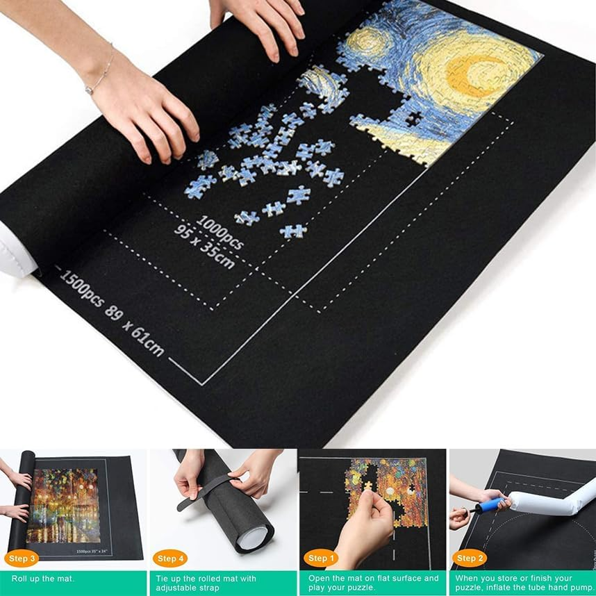 Jigsaw Puzzle Storage Roll Mat of 1500 Pieces, Puzzle Mat, 46"X26" Portable, Non-Slip Rubberized Bottom. Jigsaw Puzzle Mat, with Drawstring Organizer and 4 Assortment Trays. for Puzzle Players (Black)