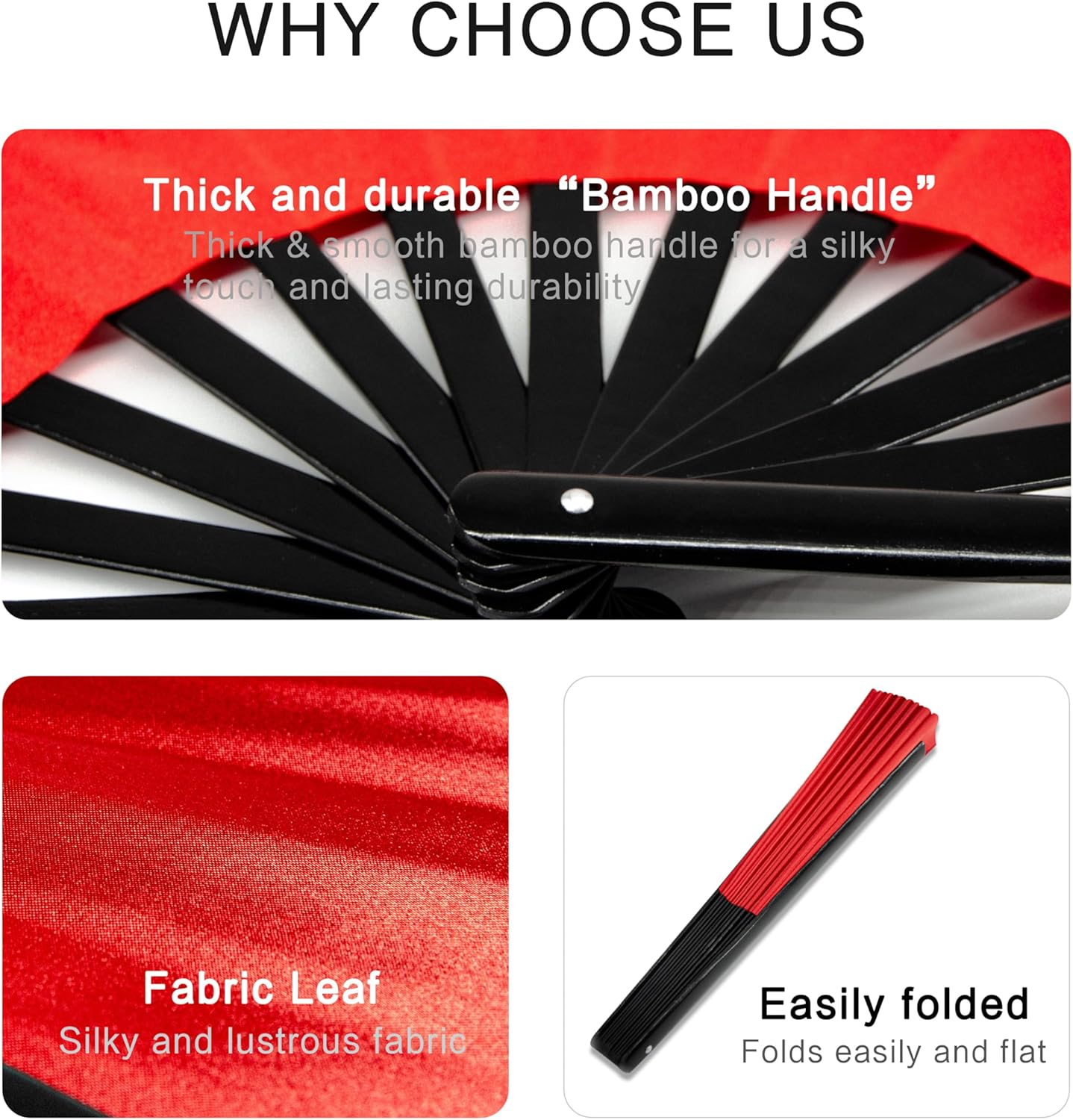 Raveahem 2 Pack Large Folding Hand Fans, Bamboo Handheld Rave Fan Wedding Fan Bamboo Frame Thickened Smooth Fabric for Cooling Decoration Women Men Gril Boy Gift, 13.8" Red