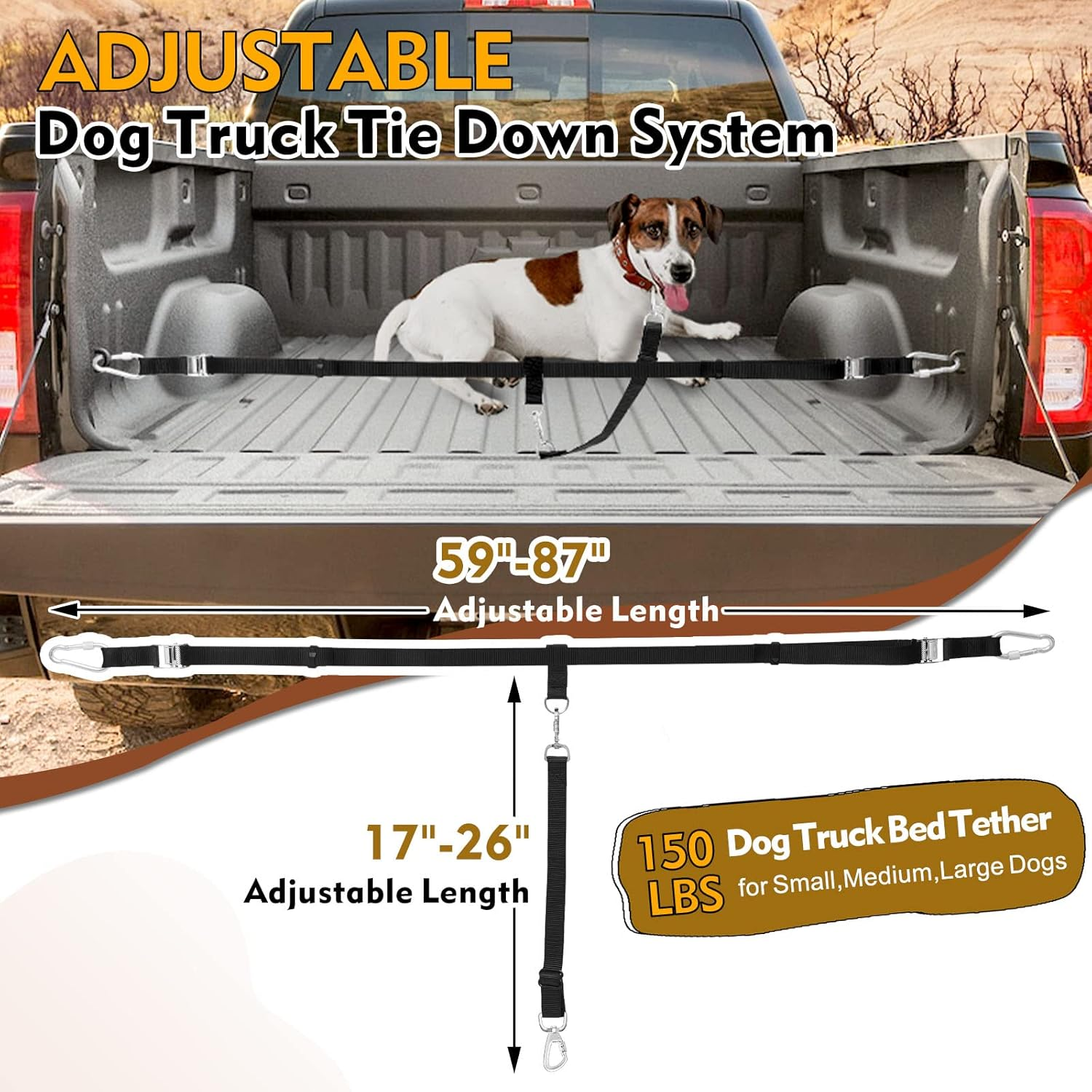 Truck Bed Dog Leash System, Dog Pickup Tether Tie Down, Dog Car Harness Belt Heavy Duty, Pick-Up Restraint Lead Adjustable, Dog Truck Leash for Dogs up to 150Lbs, Dog Truck Bed Barrier Tie down Out image number 1