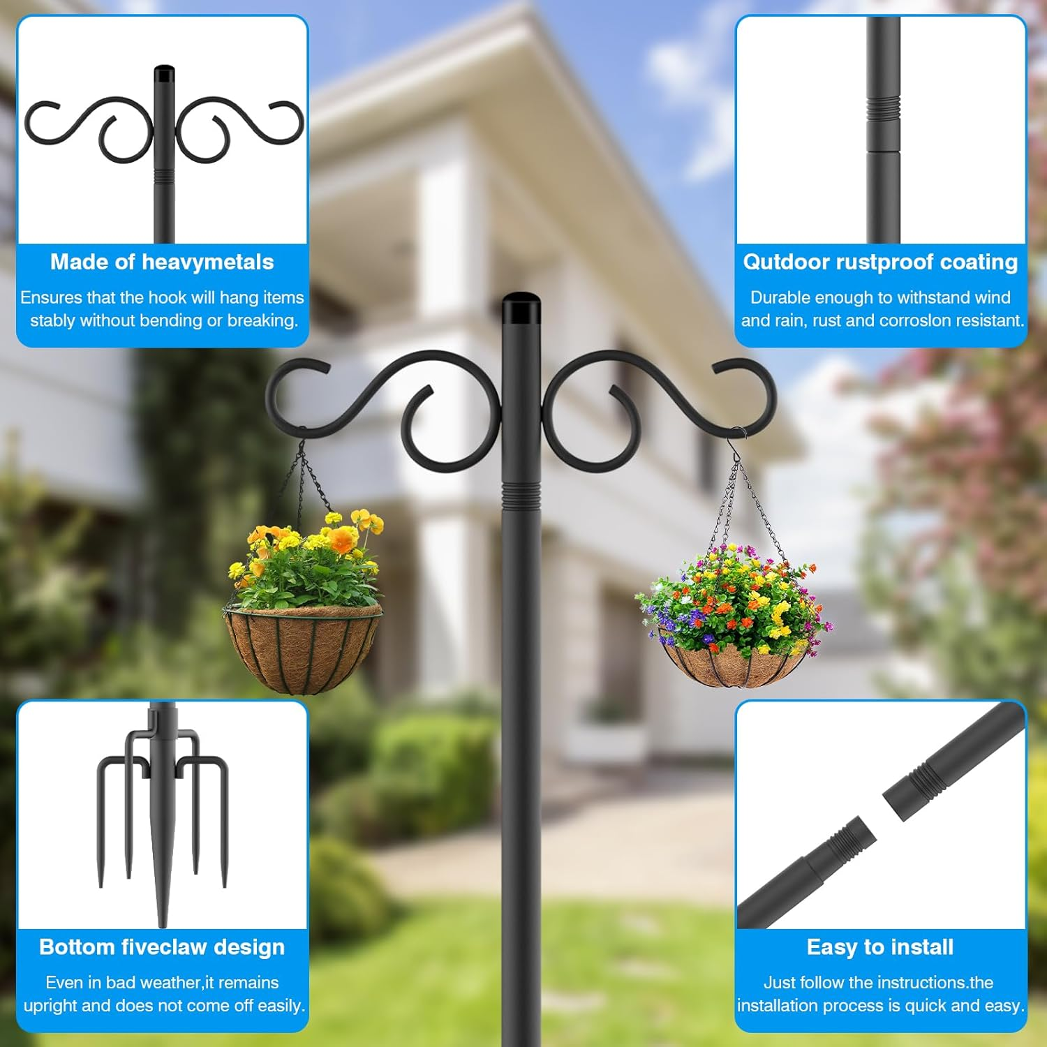Adjustable Shepherd Hooks for Outdoor,2 Pack 90 Inch 5 Prong Base Bird Two Sided Feeder Poles,Heavy Duty Shepherds Hook,Suitable for Garden in Hanging Flower Basket,Lantern,Bird Nests image number 3