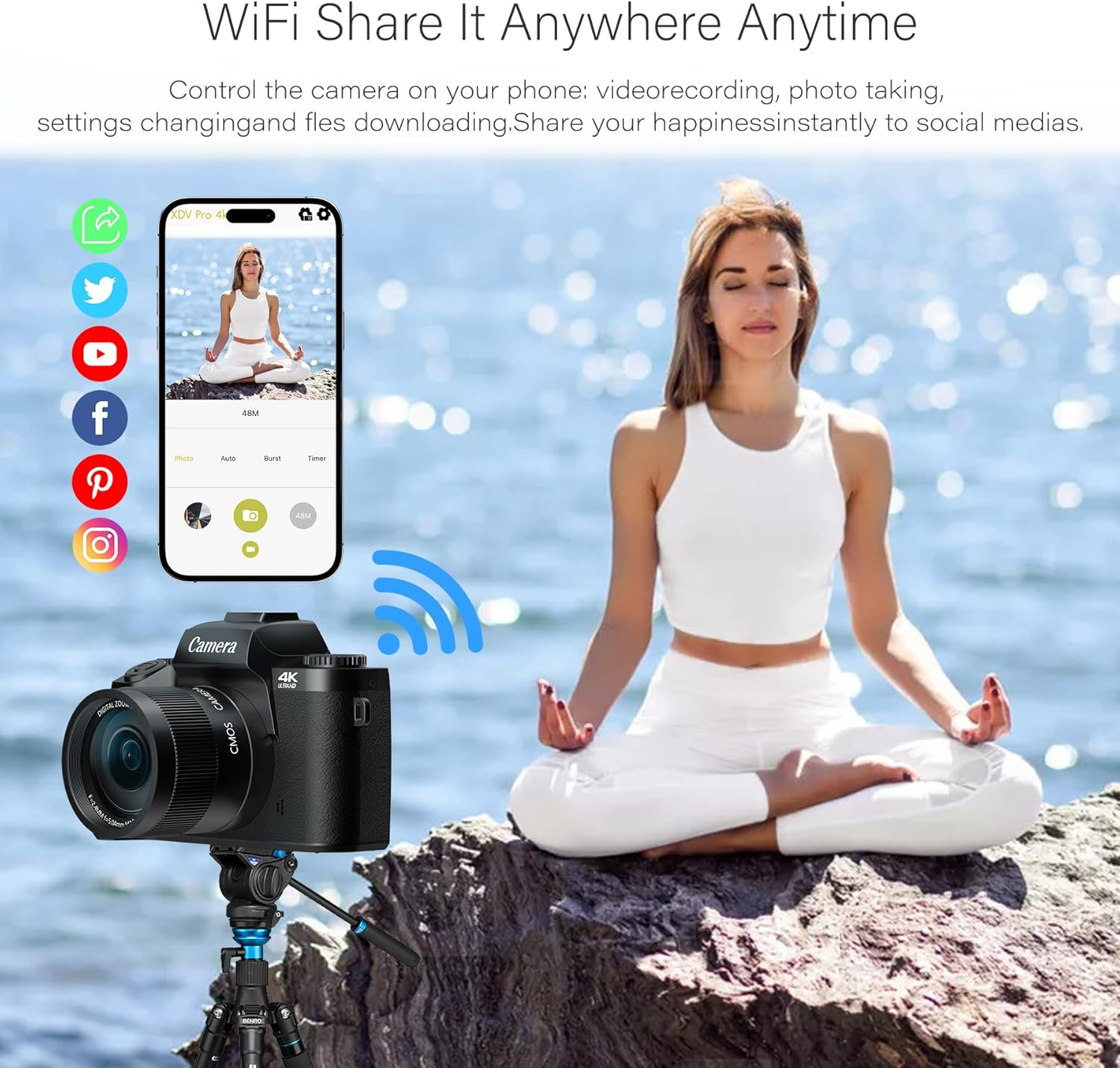 Saneen Digital Camera for Photography, 4K 64MP Wifi Touch Screen Vlogging Camera with Flash, 32GB Micro Card, Lens Hood, 3000Mah Battery, Front and Rear Cameras, 4&Prime;Big Screen, Hot Shoe Interface-Black image number 5