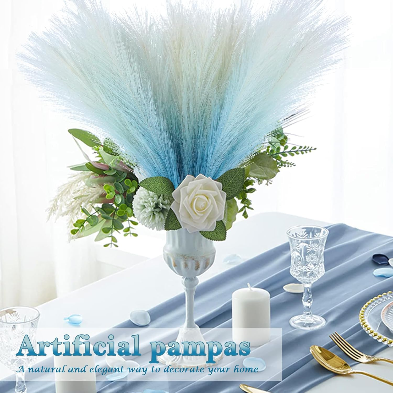 Lenamos 6 PCS Faux Pampas Grass Arrangement - 17.7"/45Cm Artificial Fluffy Pompous Grass Stems for Boho Chic Home and Wedding Decor (Gradient Blue) image number 3