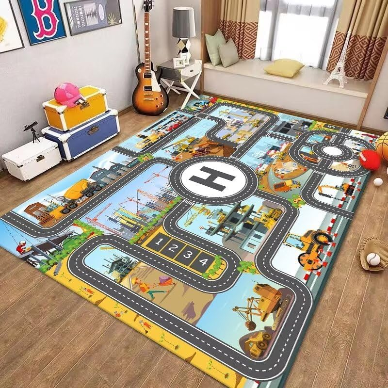Kids Play Rug Carpet Town City Industrial Farm Road Car Mat 160X120Cm Kids Playmat Exercise Mat Learning Educational Area Rug for Children Boy Girl Kids Bedroom Playroom (Style B, 120X160Cm)