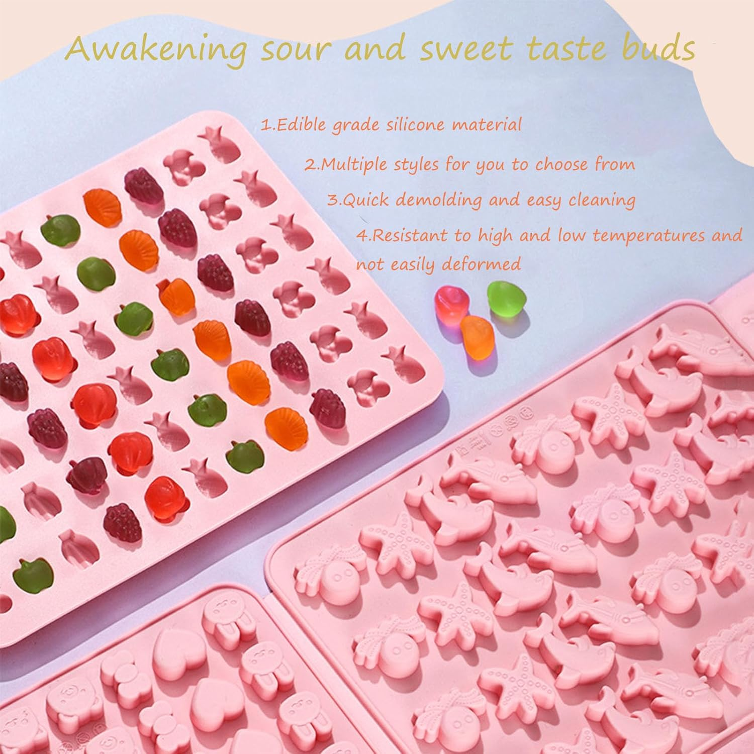 3 Pack Candy Molds Silicone,Fruit Snack Molds,Cute Object and Marine Animals,Non-Stick Silicone Candy Molds Reusable Nonstick Chocolate Molds with 2 Droppers image number 1