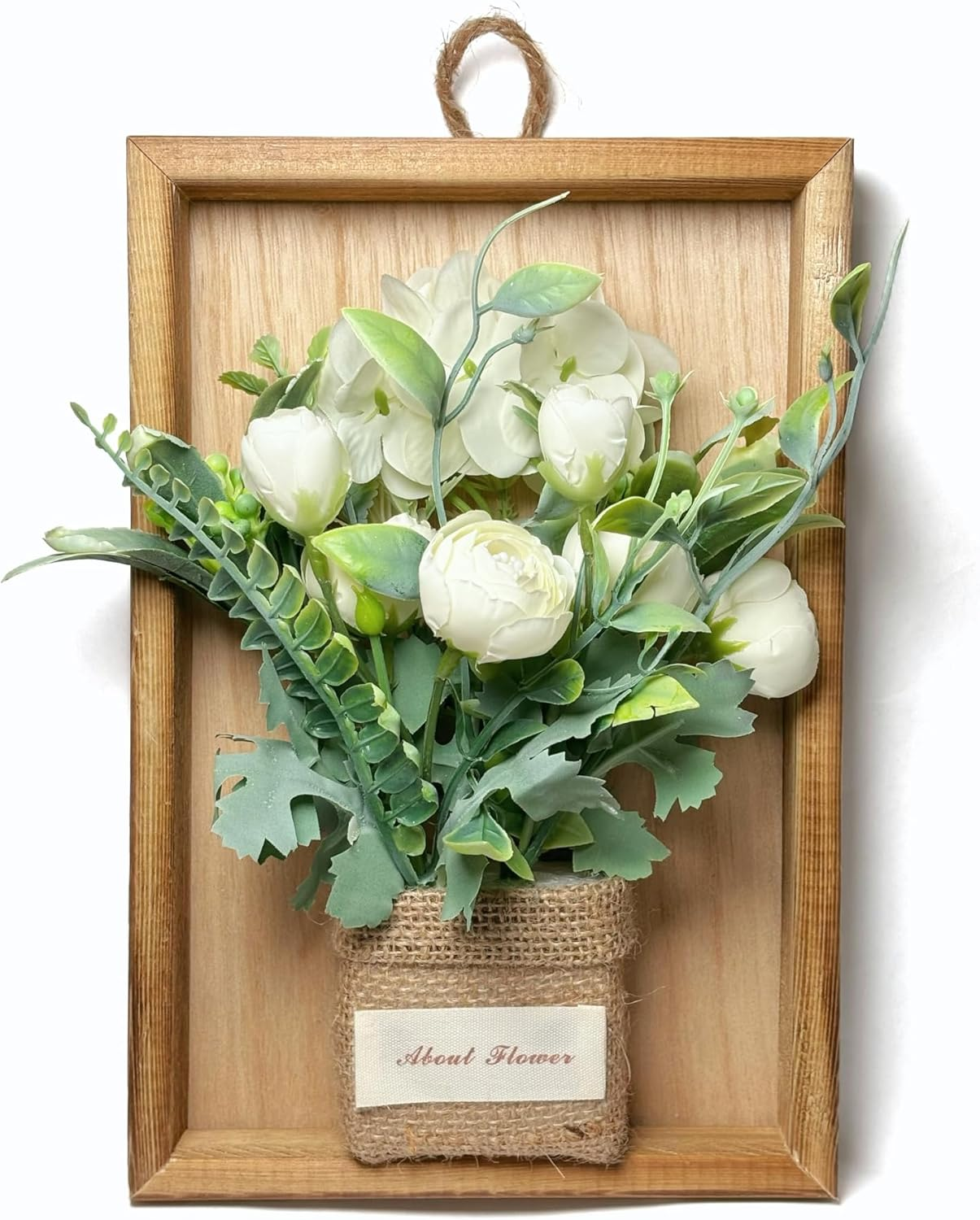 Midrodlle Artificial Hanging Plants Wall D&eacute;cor in Wooden Frame (22.8 X 15.5 Cm), Fake Flowers Wall Art Indoor Decorations-Aisha White Roses image number 6
