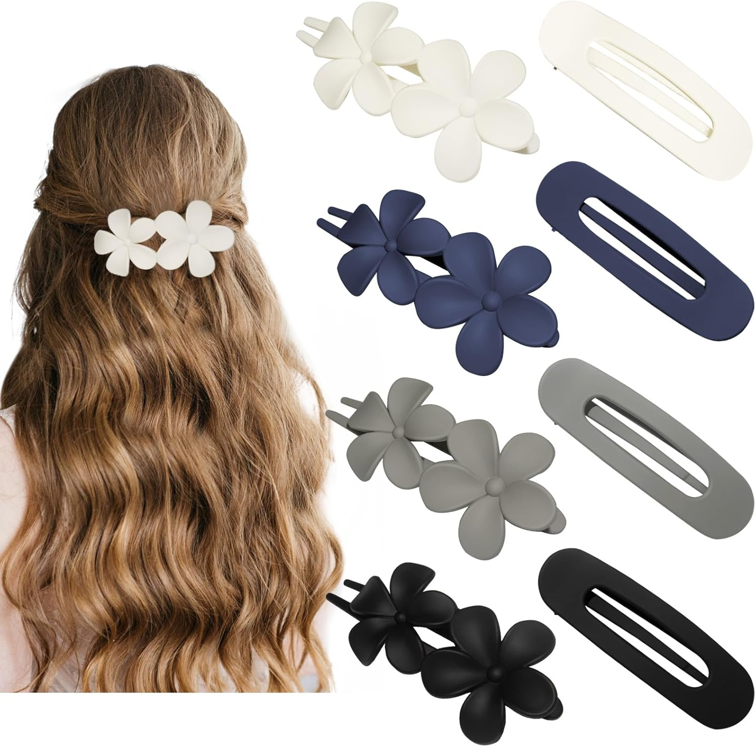 Lay down Flat Hair Clips for Women - 2 Style Big Matte Flower Alligator Claw Clamps for Thin, Fine & Thick Hair (Dark Color)