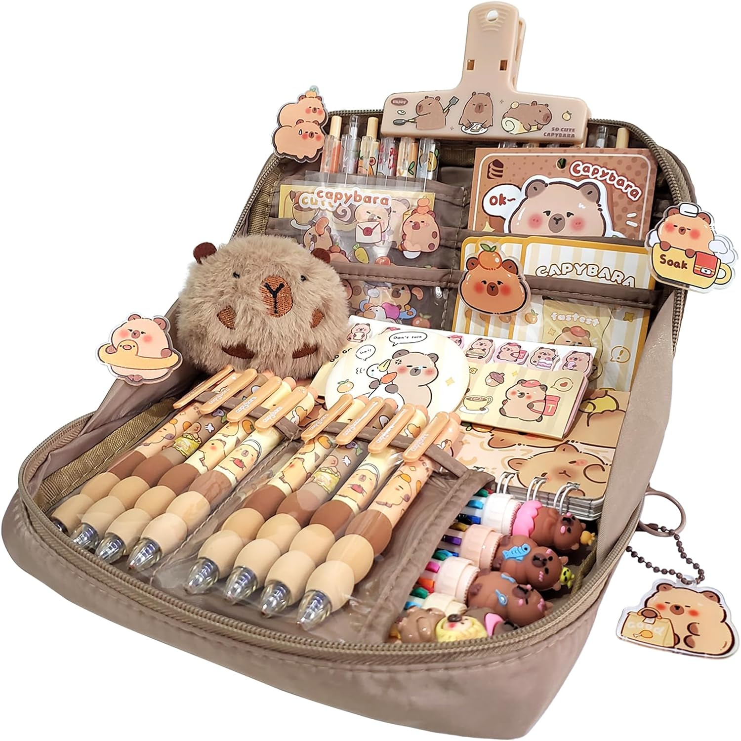 AIJOY Cute Capybara Pencil Case Stationery Set - 90&deg; Wide Mouth Large Capacity Pencil Case with 18 Supplies (Cute Pens, Capybara Plush & More) - Capybara Stationery Gift Set for School & Birthdays image number 1