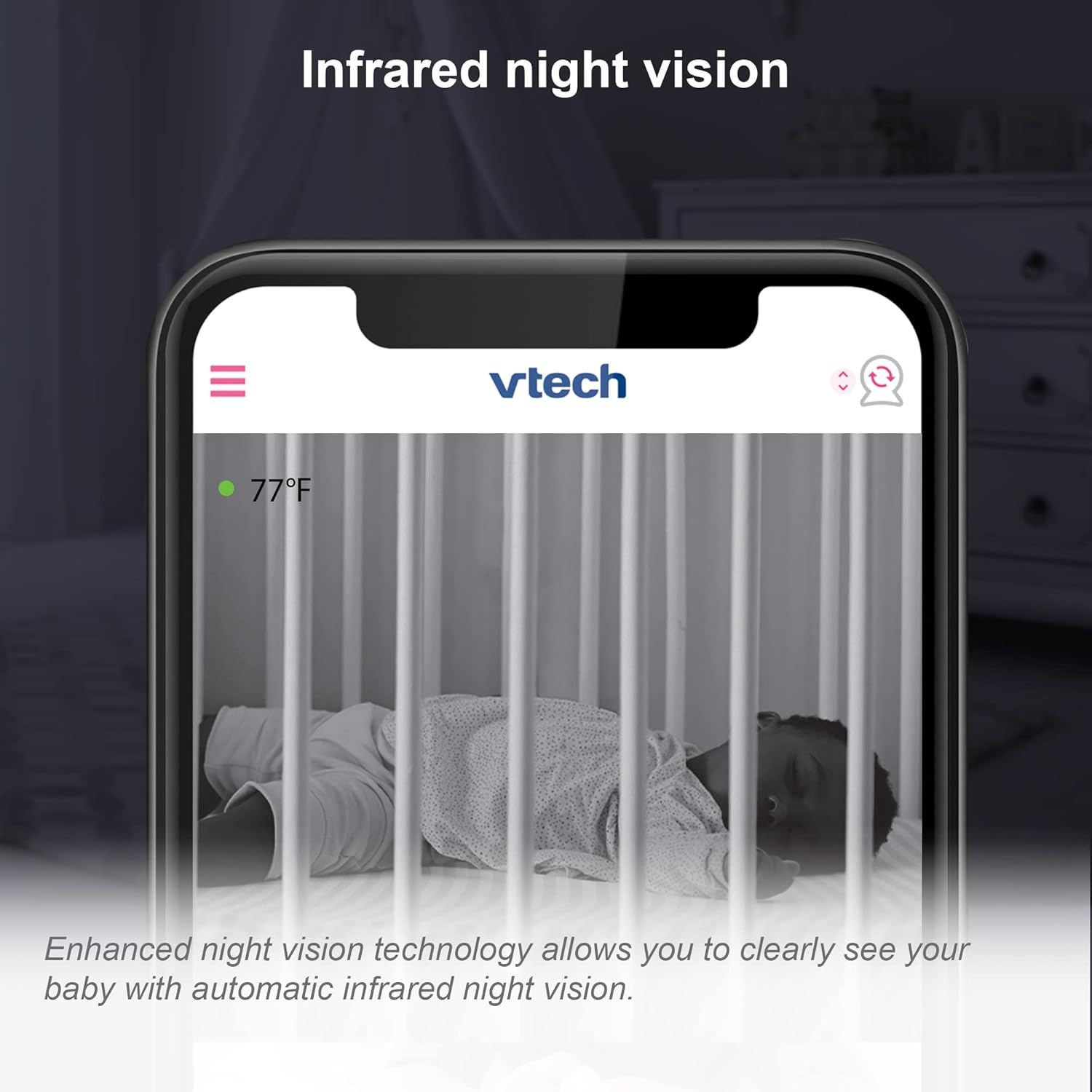 Vtech RM9751 Yellow Daisy Smart Wi-Fi Baby Camera, Ios & Android Enabled, 1080P Full HD, Privacy Mode Cover, Night Light, Soothing Sounds & Lullabies, Two-Way Intercom,Temperature Sensor, Night Vision image number 5