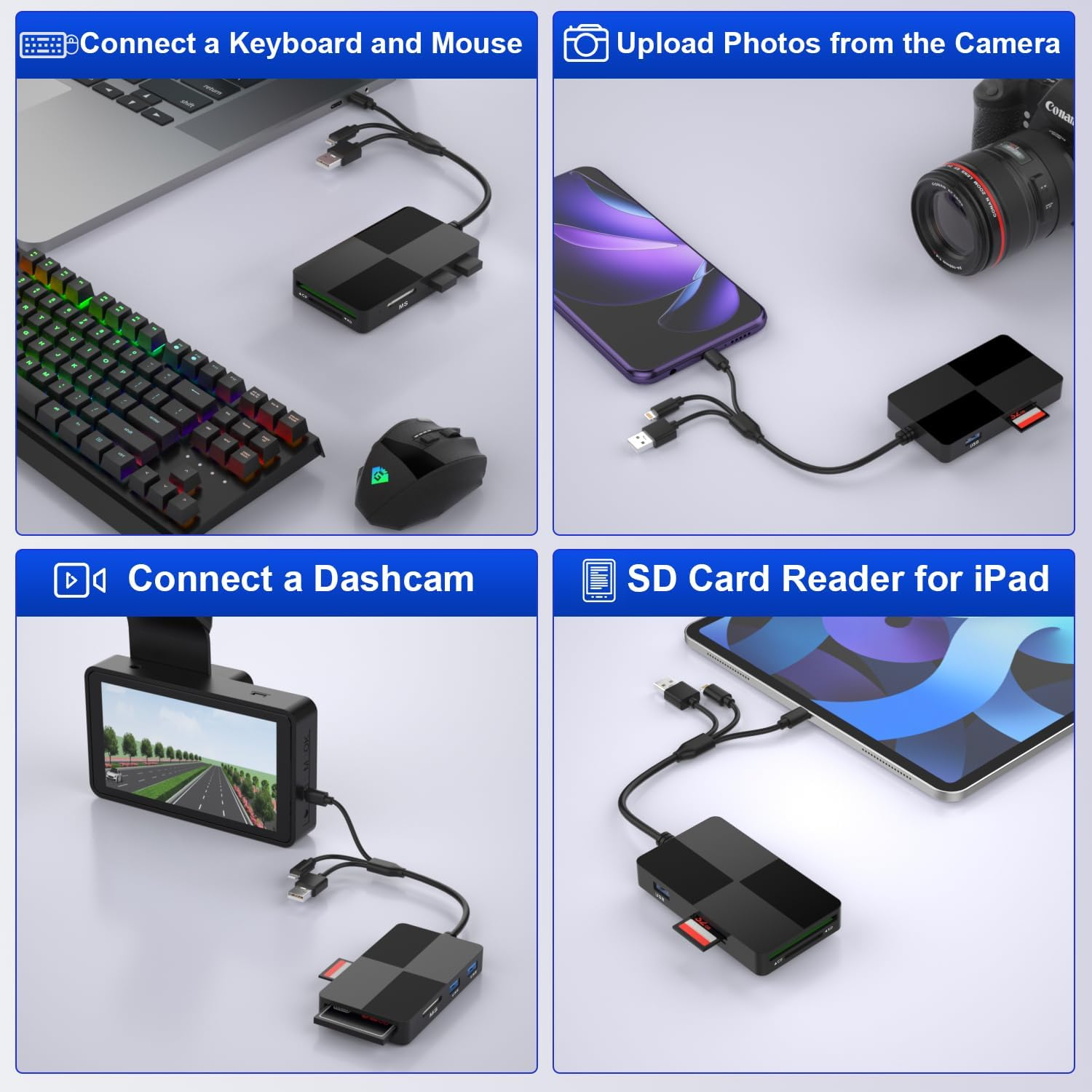 8 in 3 SD Memory Card Reader with 3 USB 2.0 Ports, Plug-And-Play Lightning/Usb-A/Usb-C SD Card Reader, SD/TF/CF/MS/XD Card Reader Compatible with Iphone/Ipad/Android/Mac, Memory Stick Pro Duo Adapter image number 5