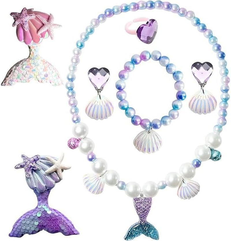 Mermaid Jewelry Set for Girls - 7Pcs Costume Dress up Accessory with Shell Necklace, Bracelet, Earrings, Ring, Hair Clips - Birthday Party Decoration Gift Cosplay image number 4