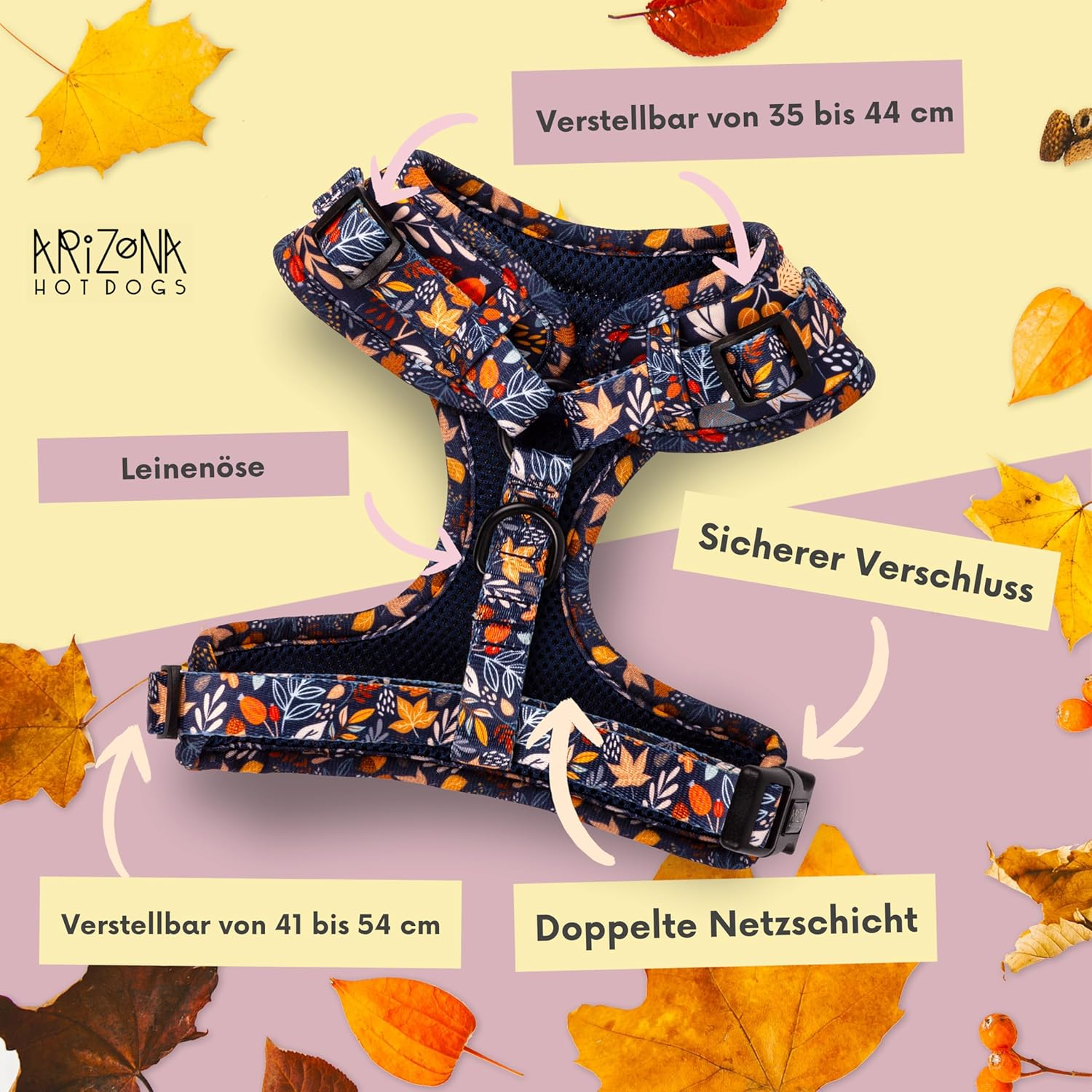 Dog Harness for Smaller Dogs Arizona Hotdogs Soft Harness Fall in Love Colourful Leaf Pattern (S) image number 6