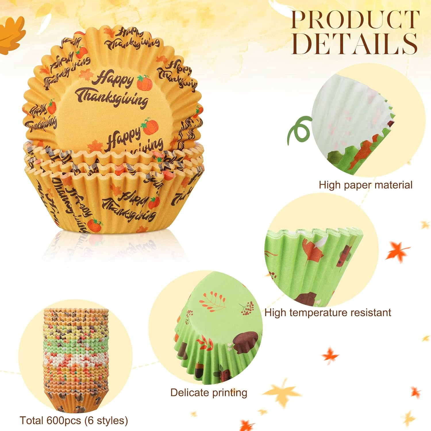 600 Pieces Thanksgiving Cupcake Liners Autumn Cupcake Baking Cups Cupcake Papers Muffin Liners for Baking Thanksgiving Cupcake Wrappers Fall Themed Liners Party Supplies Give Thanks Party Decorations image number 2