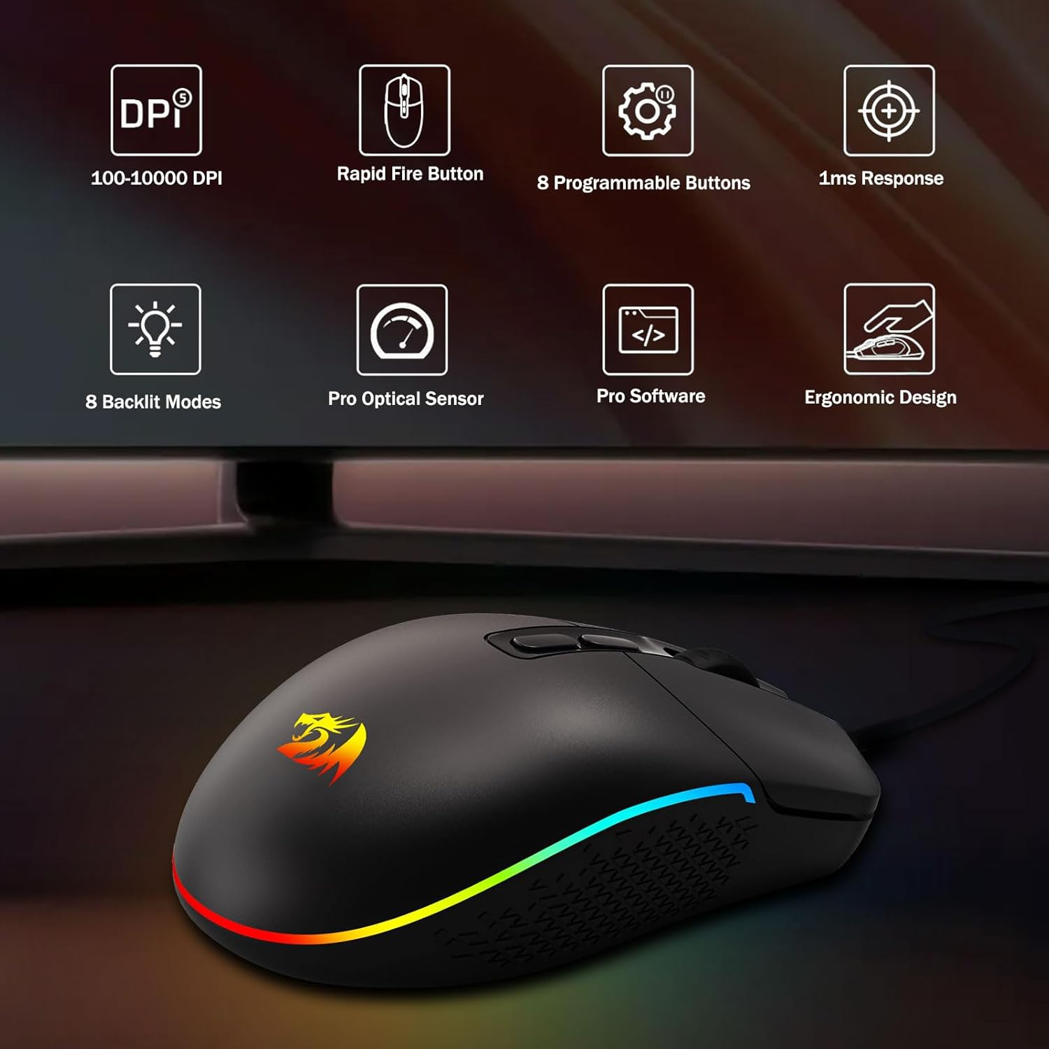 Redragon M719 Antonium RGB Gaming Mouse, 10,000 DPI Optical Wired Mice with 8 Programmable Buttons & 8 Backlit Modes, Software Supports DIY Keybinds Rapid Fire Button image number 4