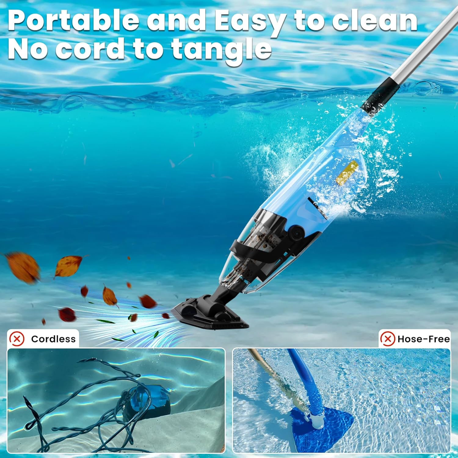 EFURDEN Pool Vacuum for above Ground Pool, Cordless Handheld Rechargeable Pool Cleaner with Running Time up to 90 Minutes for Sand and Debris, Ideal for In-Ground Pools, Spas, and Hot Tubs (Blue) - Blue image number 5