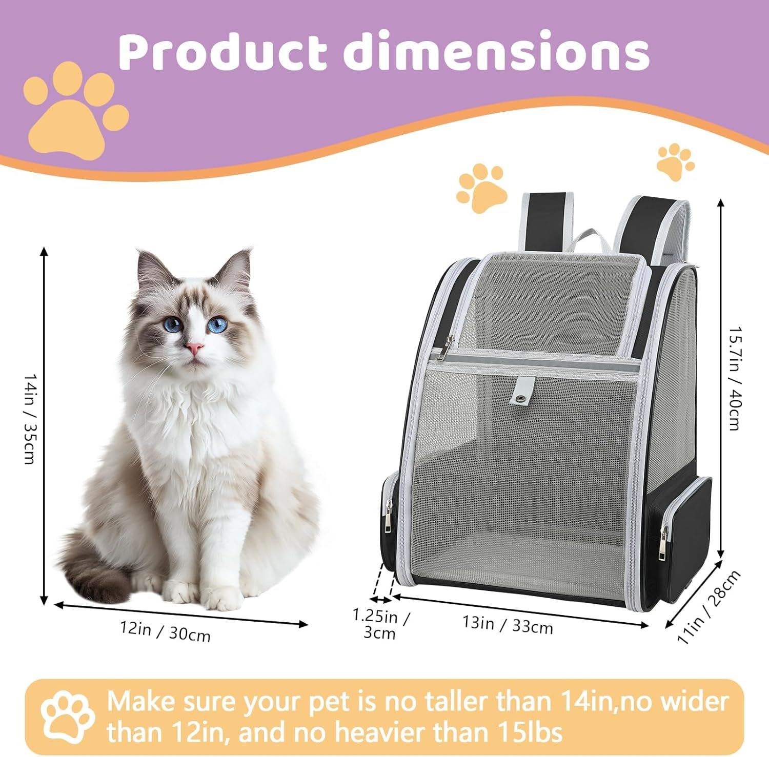 Cat Backpack Carrier Large Pet Backpack for Small Dog Medium Cat Puppy Kitten Bunny up to 15Lbs, Ventilated Mesh Dog Collapsible Travel Backpack for Hiking Walking Outdoor image number 6