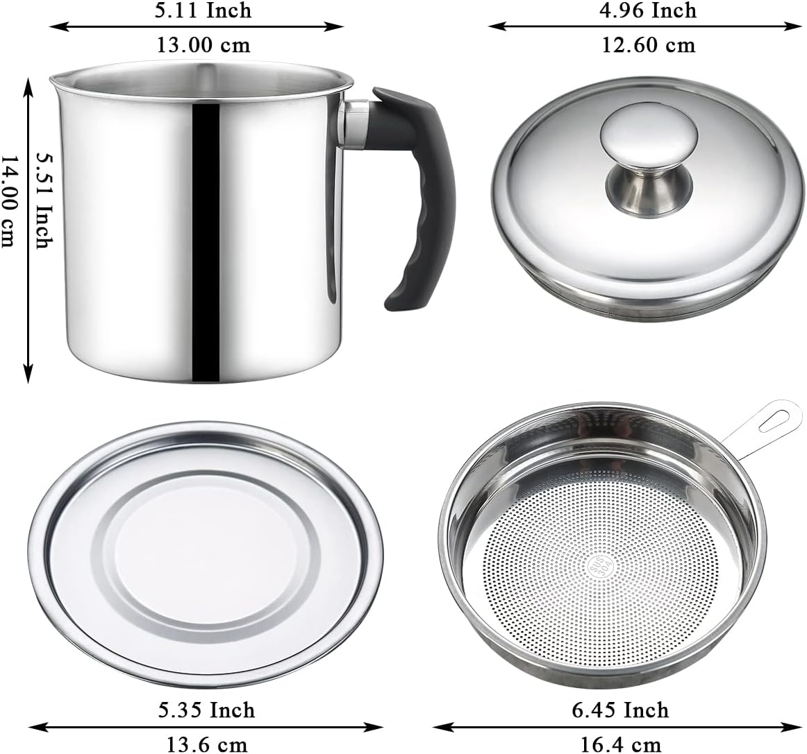 Bacon Grease Container with Filter, 47 Oz / 1.4 L, Stainless Steel Oil Storage Container with Fine Mesh Filter, Dustproof for Storing Frying Oil and Food Fat, Cookware Accessories image number 2