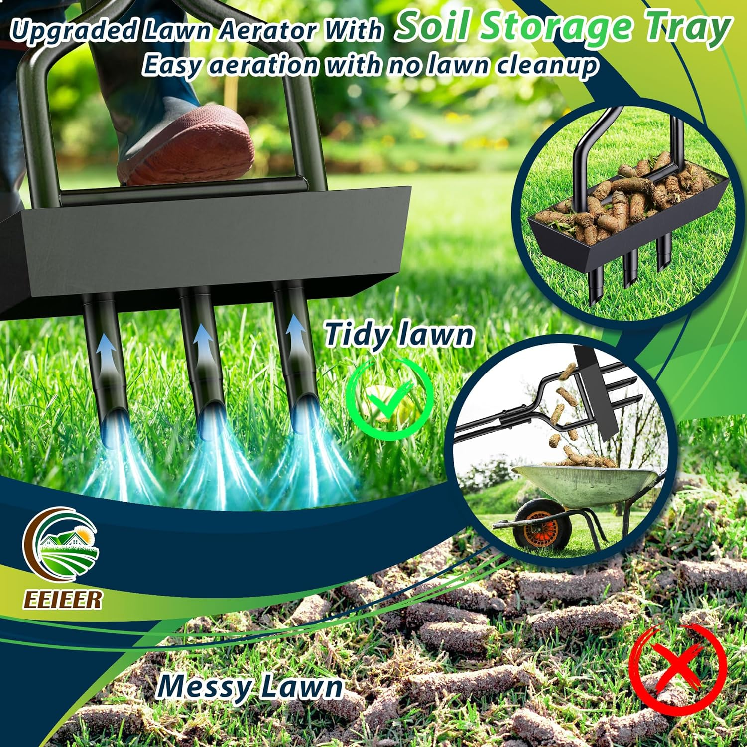 EEIEER Lawn Aerator Coring Tool, Manual Aerator Lawn Tool with Soil Storage Basket, 3 Core Tines Yard Aeration Tools with Cleaning Tool, Plug Aerator for Compacted Soil & Lawn Care image number 1