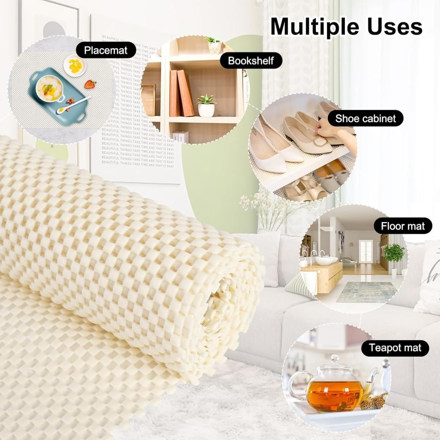 Non-Slip Drawer Liner & Shelf Liners - 40X500Cm PVC Kitchen Cupboard Draw Liners with Large Particles, Beige anti Slip Grip Mat for Cabinet, Wardrobe, Cushioned Protection with Airflow Design image number 3