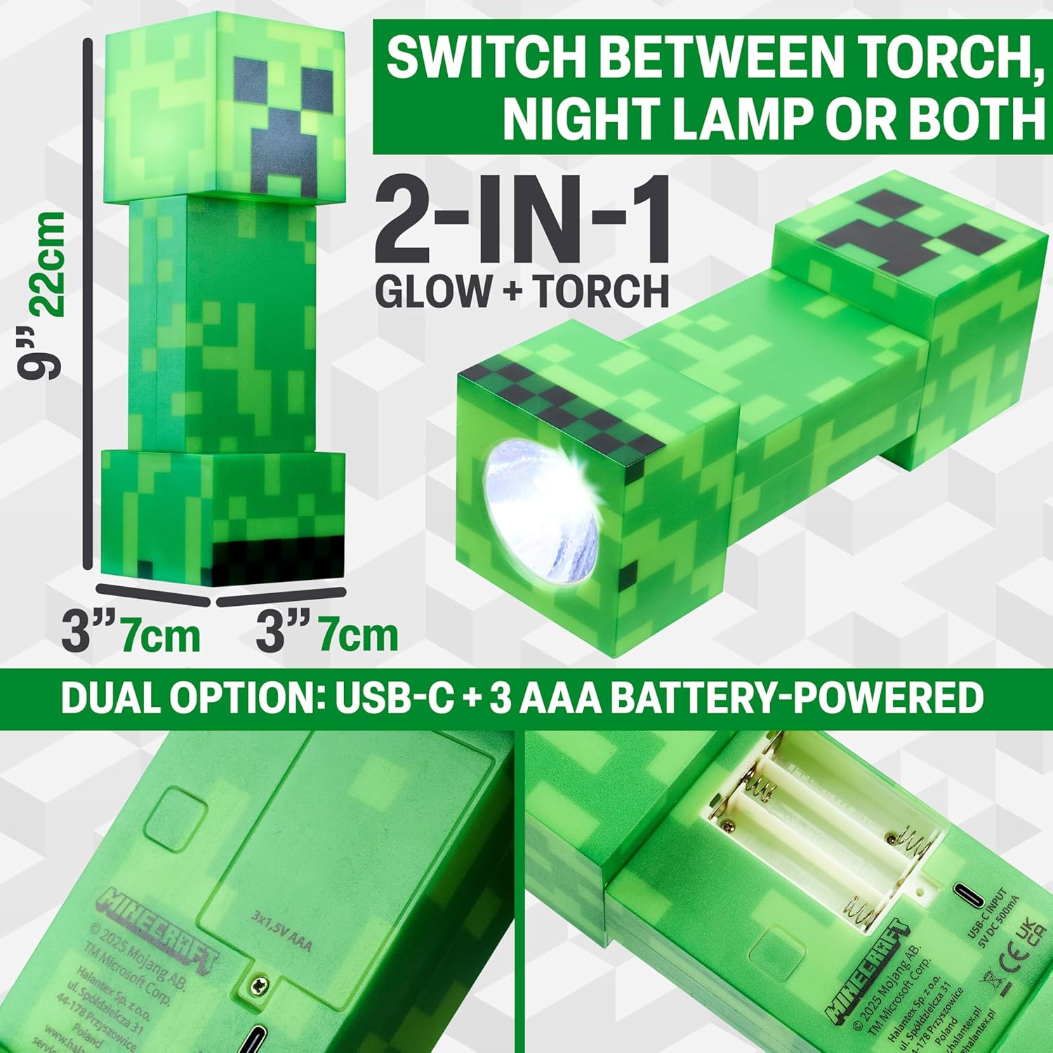 Minecraft Creeper Torch Night Light for Kids, 2-In-1 Flashlight and Lamp with USB and Battery Power, Bedroom Decor, Desk Light, Gamer Gifts for Boys