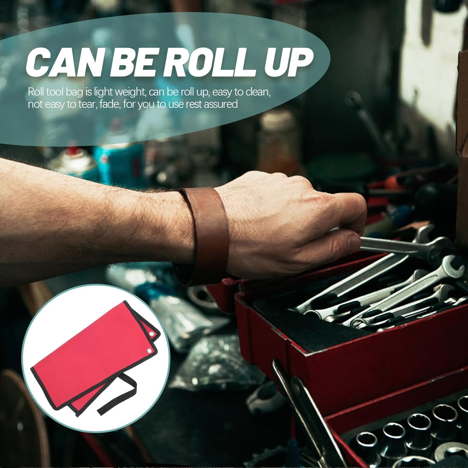 MALUGOGO Canvas Tool Roll Bag with 10 Red Pockets Oxford Cloth Wrench Organizer Pouch for Portable Tool Storage and Spanner Holder for Travel and Workshop Use image number 4