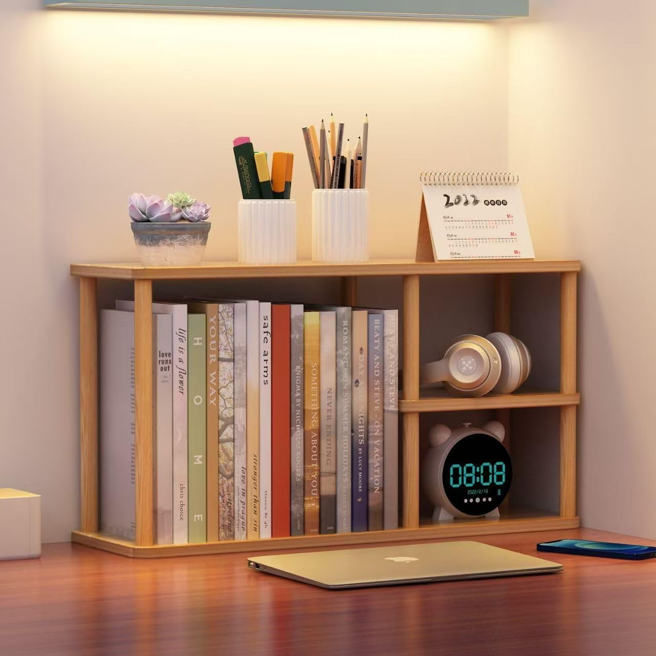 Hbluefat Desktop Organizer Shelf, Solid Wood Desk Bookshelf, Tabletop Small Bookcase, Multipurpose Display Storage Rack for Home Office (Wood)