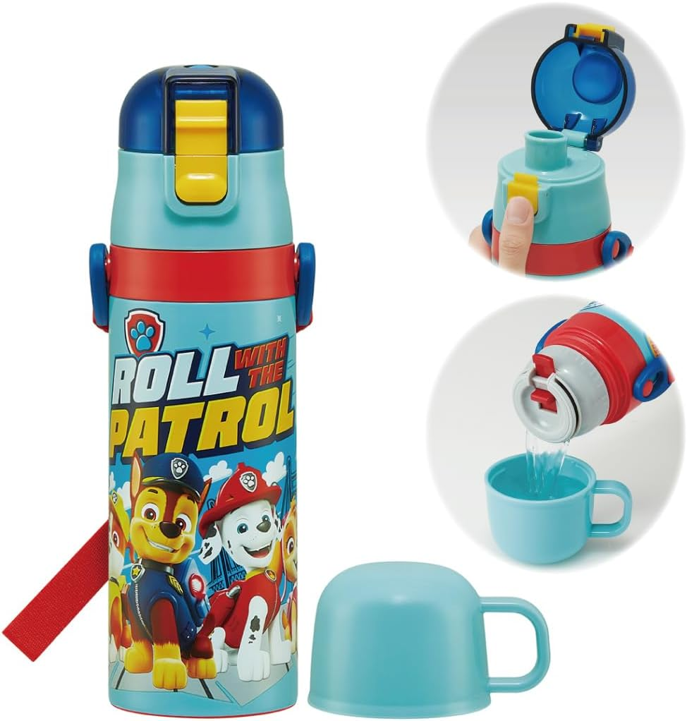 Skater SKDC4-A Children'S Friendly, Lightweight, Stainless Steel, 2-Way Water Bottle, 15.2 Fl Oz (430 Ml), Paw Patrol, 24, for Children, Direct Drinking, Cup Included, Stainless Steel