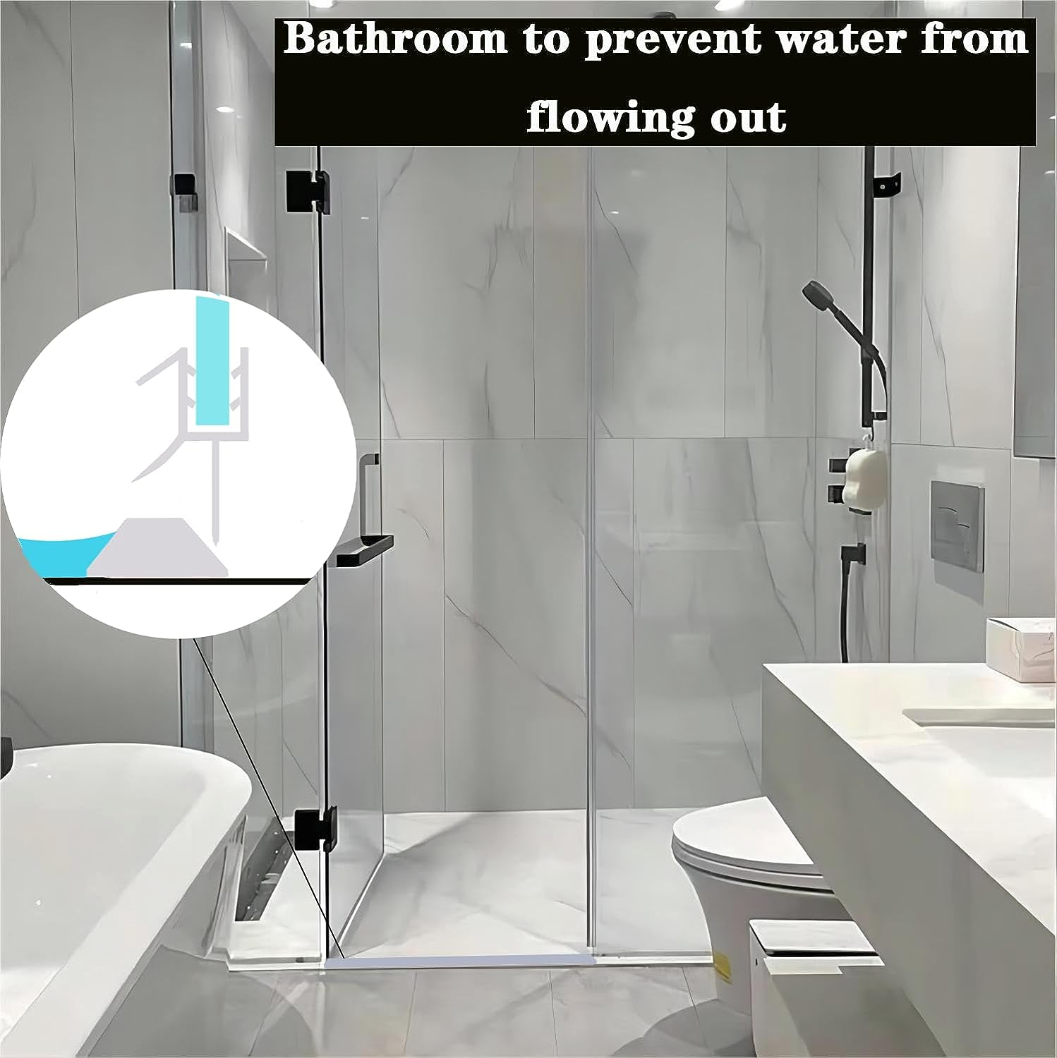 39'' Bathroom Water Barrier,Collapsible Shower Threshold Water Dam, Shower Barrier and Self-Adhesive Shower Water Barrier, Water Retaining Dam Strip Dry and Wet Separation,Transparent image number 6
