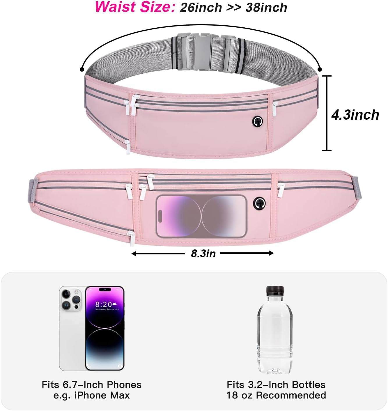Slim Running Belt for Women Men,Runners Fanny Pack Phone Holder,Money Belt,Running Gear Accessories,With 3 Pockets (Jet Pink) image number 6