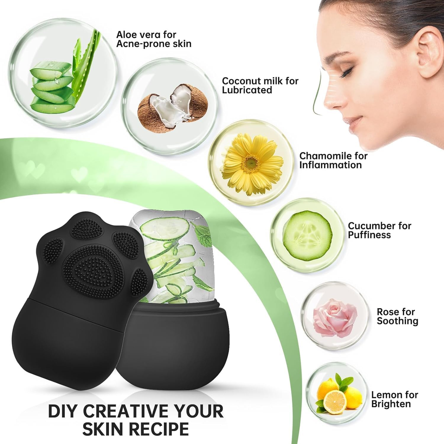 Facial Ice Roller Set with Silicone Paw Massager, Purple, Reusable Ice Mould for Face and Eyes (Black) - Black image number 5