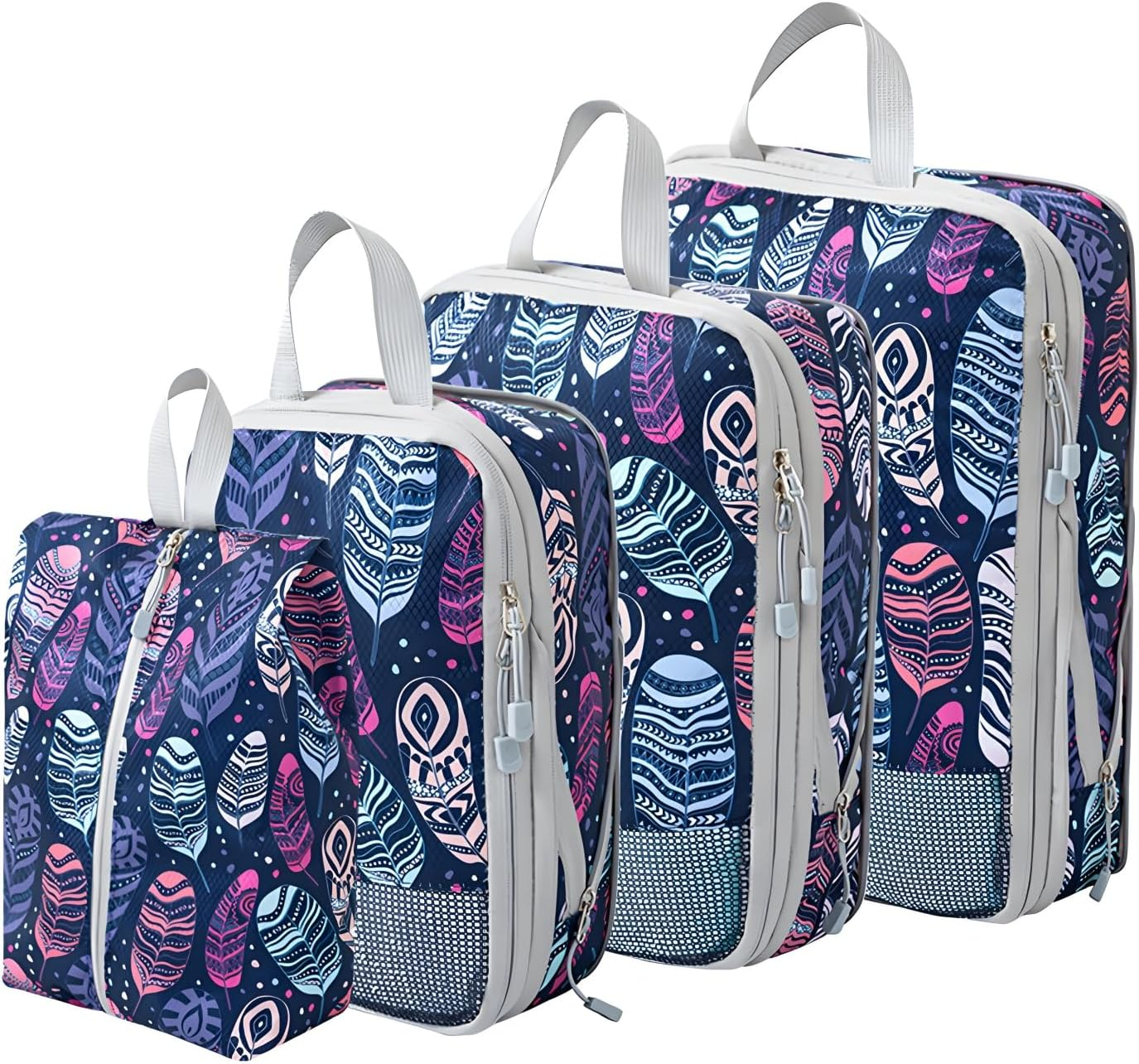 Travel Packing Cubes Set, Navy Feather Pattern, 4-Piece Mesh Storage Organisers with Handles ﻿ image number 6