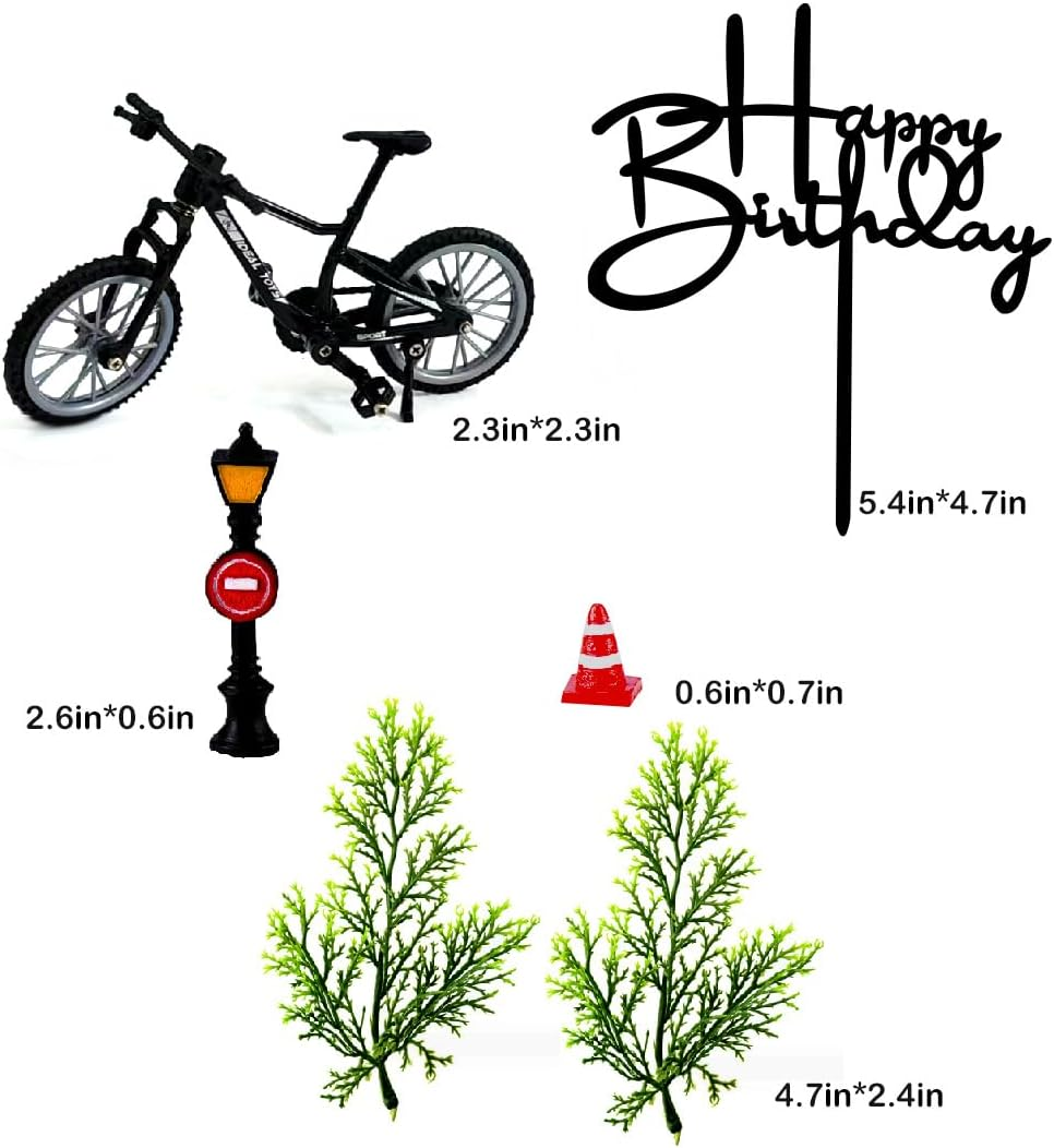 6PCS Bicycle Cake Toppers Bike Cake Decorations Set with Bicycle Street Light Road Cone Tree for Bicycle Themed Birthday Party