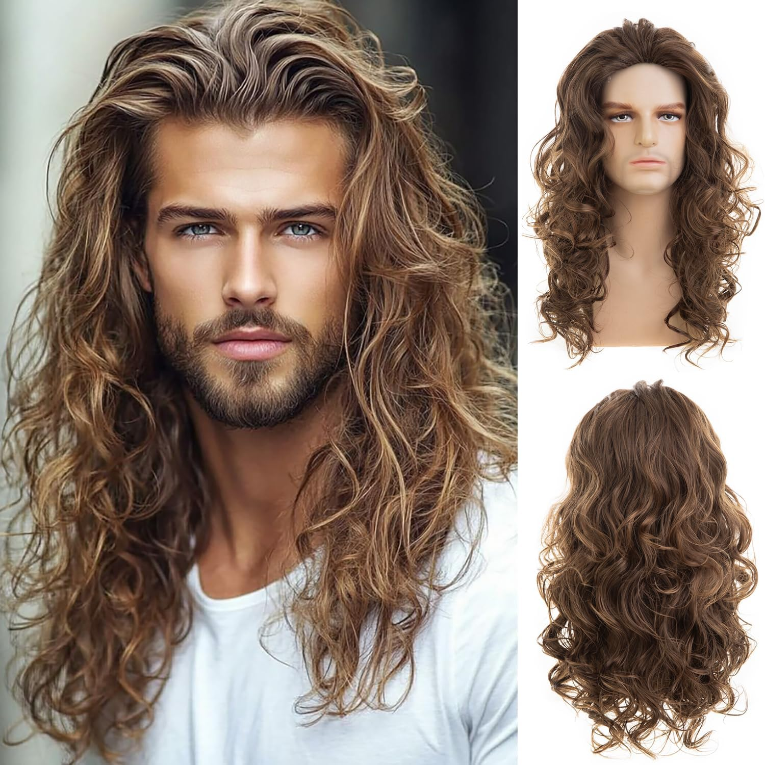 Beweig Mens Brown Long Curly Wavy Wig Middle Part Synthetic Heat Resistant Daily Party Costume Halloween image number 5