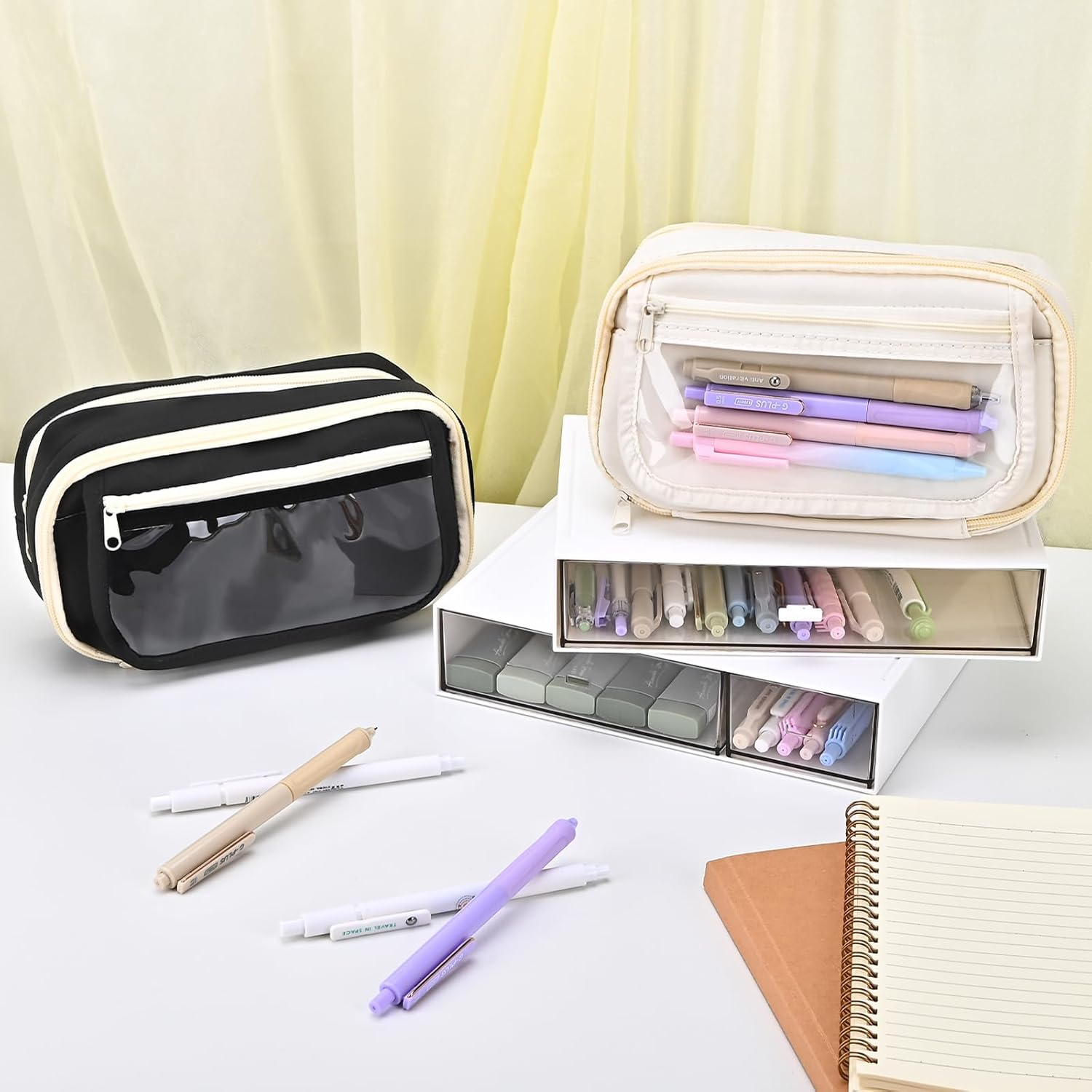 BAYTORY Large Capacity Pencil Case, Aesthetic Back to School Pencil Cases with 4 Compartments, Canvas Pencil Case for Makeup Bag and Stationery Organizer (Beige) image number 2