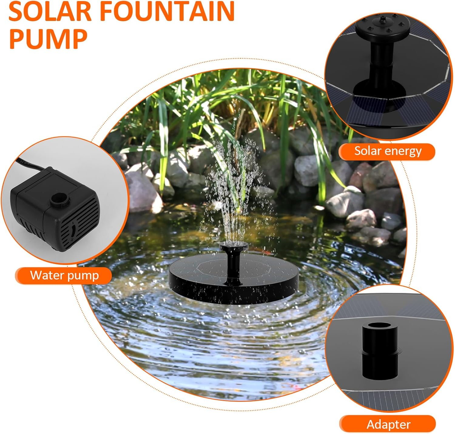 Outdoor Solar Fountain, Solar Powered Bird Bath Fountain with 6 Nozzles,Floating Solar Powered Fountains for Garden Pond Swimming Pool (13 Cm) image number 4