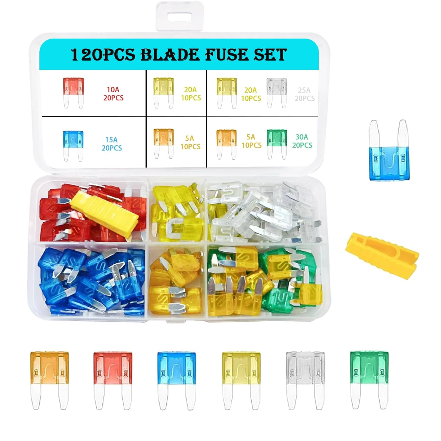 Jotia 121Pcs Auto Mini Blade Fuse Assortment Kit, Including 5A 10A 15A 20A 25A 30A Car Auto Fuses with Fuse Puller, Automotive Assorted Replacement Blade Fuses for Car Boat Motor Truck SUV image number 1