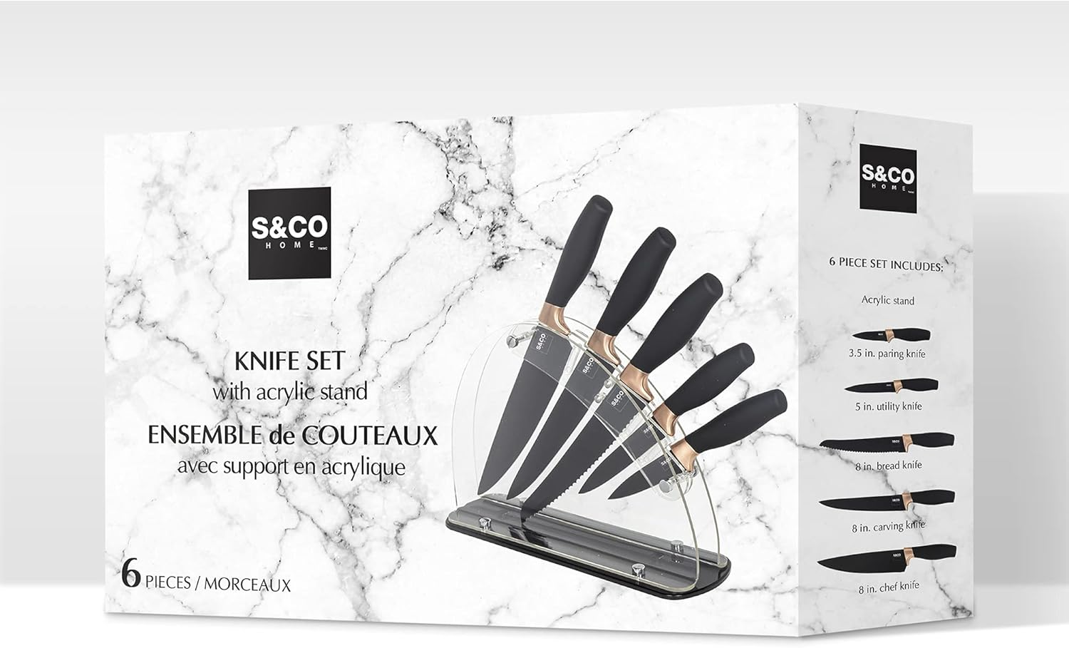S & Co. 6 Pcs Kitchen Knife Set with Acrylic Block - Super-Sharp Steel Knives with Non-Stick Coating - Chef, Bread, Carving, Utility, Paring Knives - Stylish Cooking Tools with Black, Rose Gold Handle image number 5