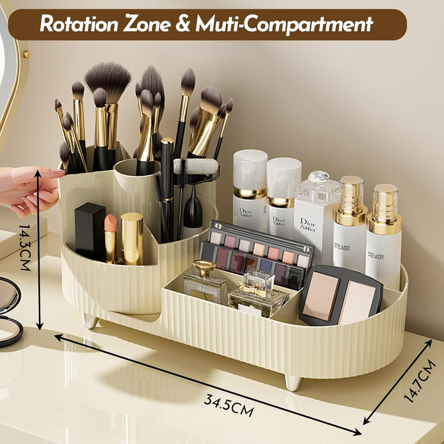 Marakruki Makeup Organiser Cosmetics with 360&deg; Rotating Brush Holder Beauty Organiser, Sleek Cream White Ideal for Bedroom/Dressing Table/Bathroom(Cream)