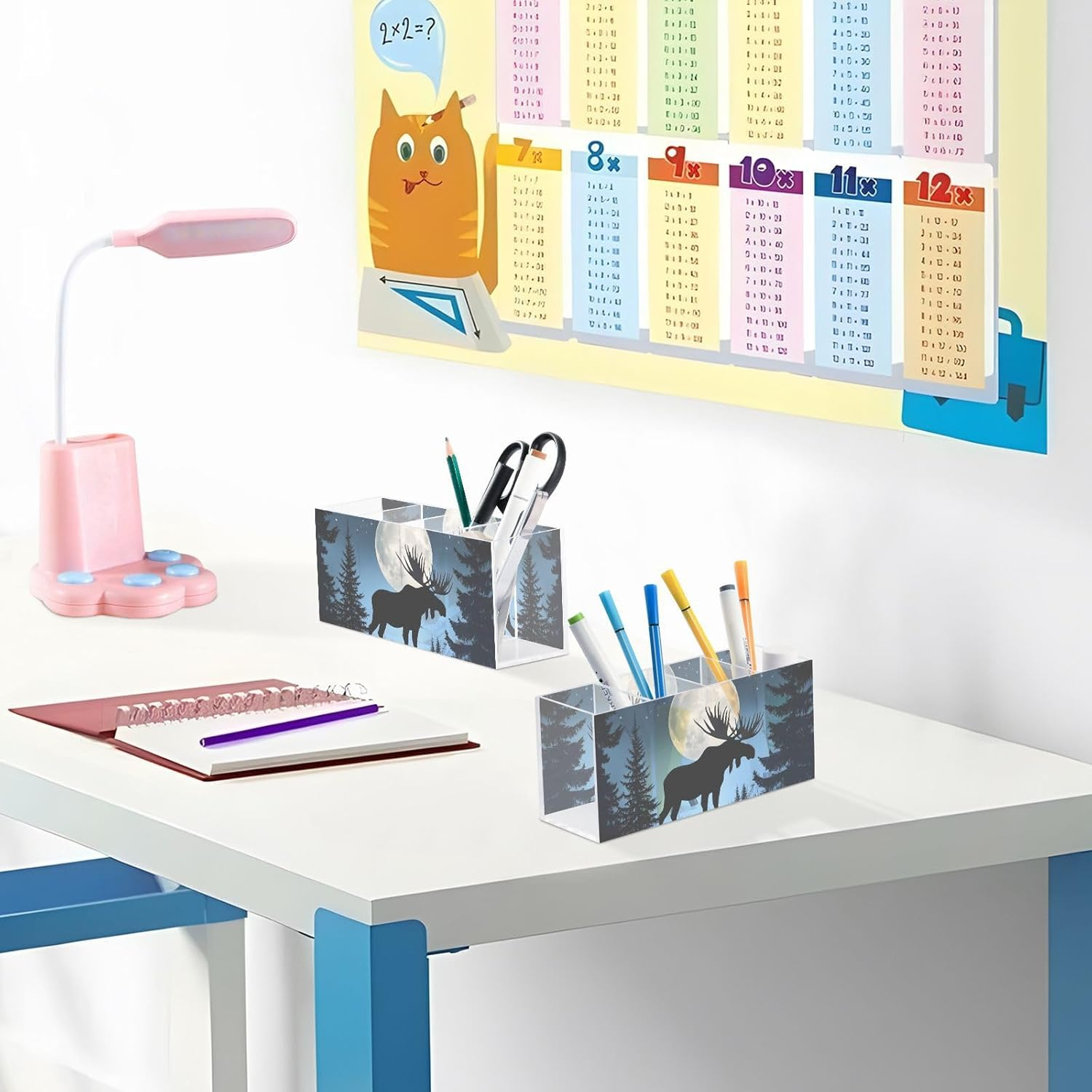 Silhouette Moose Moon Acrylic Pen Holder 4 Compartments, Pencil Holder for Desk, Makeup Brush Holder, Office Desk Storage Organizer for Dorm, Home, Desk Accessories image number 3