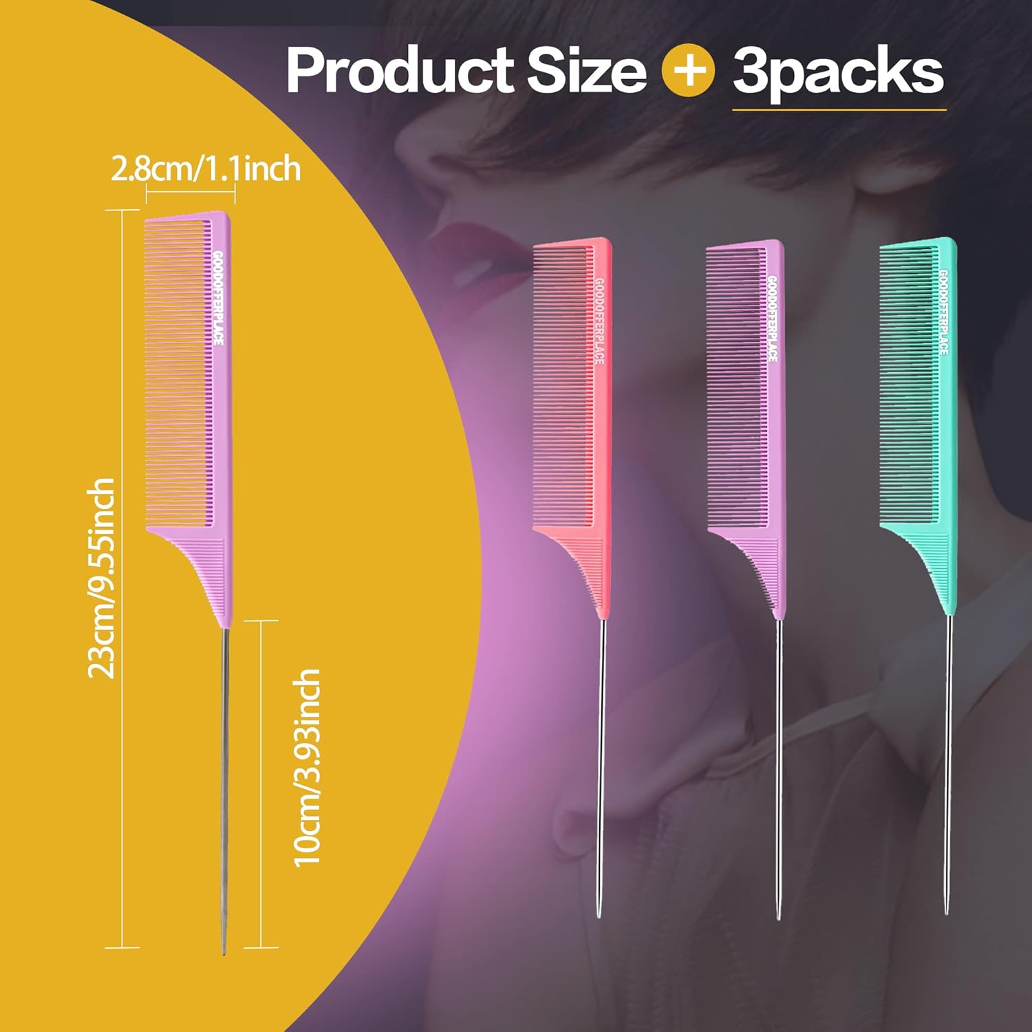 Goodofferplace 3 PCS Rat Tail Combs: Parting, Rattail, Teasing Combs with Metal Pick for Curly Hair, Detangling, Braiding, Styling (Pink, Purple, Green) image number 3