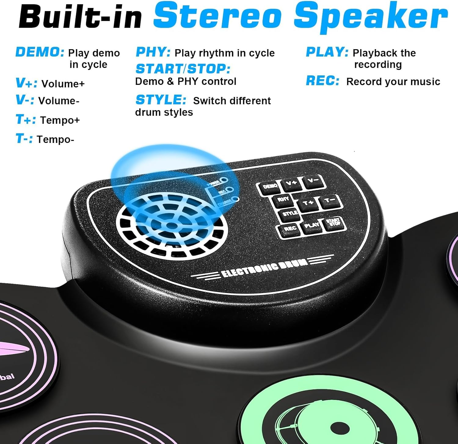 9 Pads Roll up Electronic Drum Kit, Kids Drum Set with Built-In Speakers,Sticks, Pedals, Bluetooth MIDI, Great Christmas & Birthday Gift for Beginners, 10 Hours Playtime image number 4